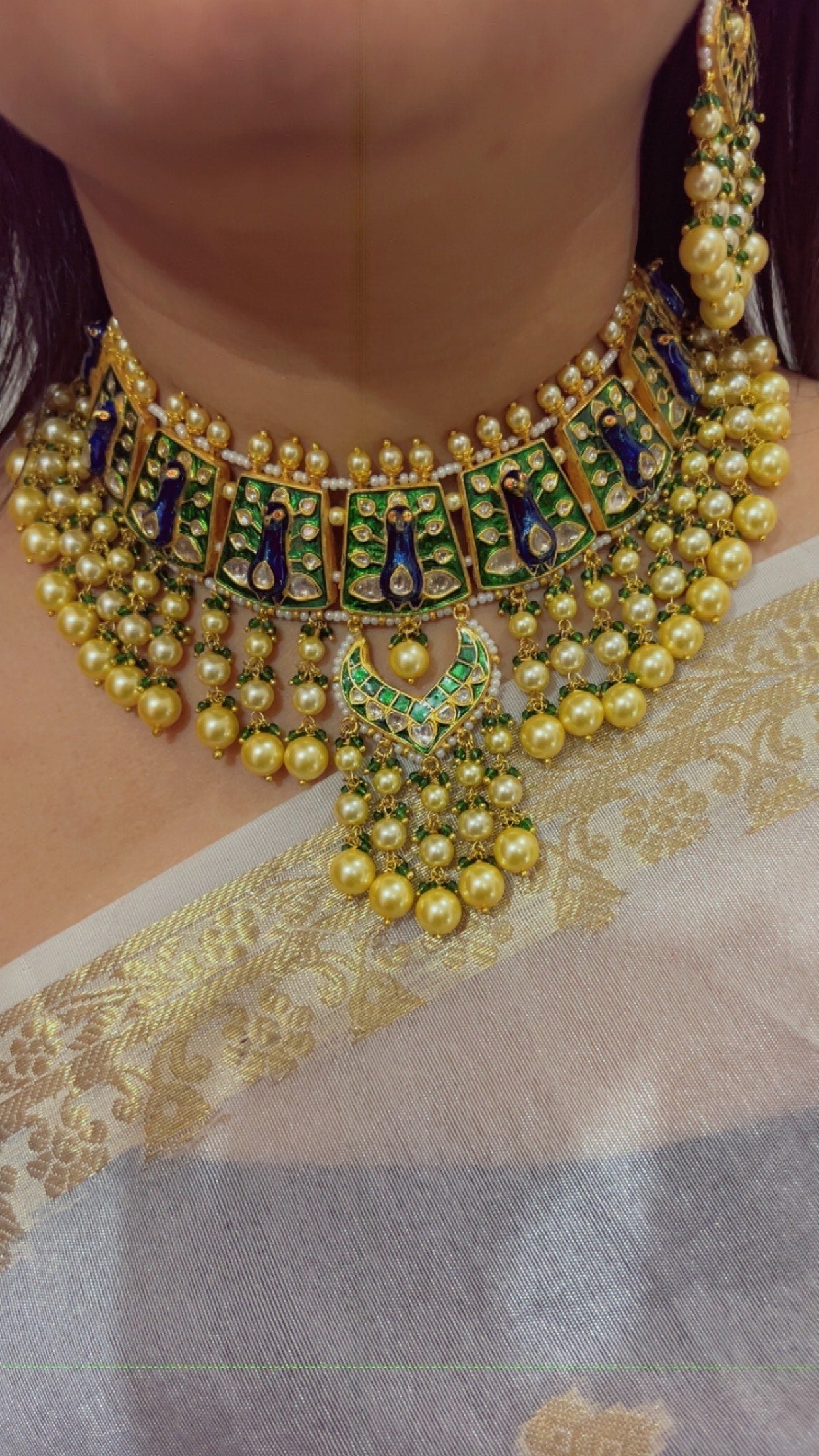 22K Gold Hallmarked Diamond Polki Peacock Green Choker Necklace Jewelry