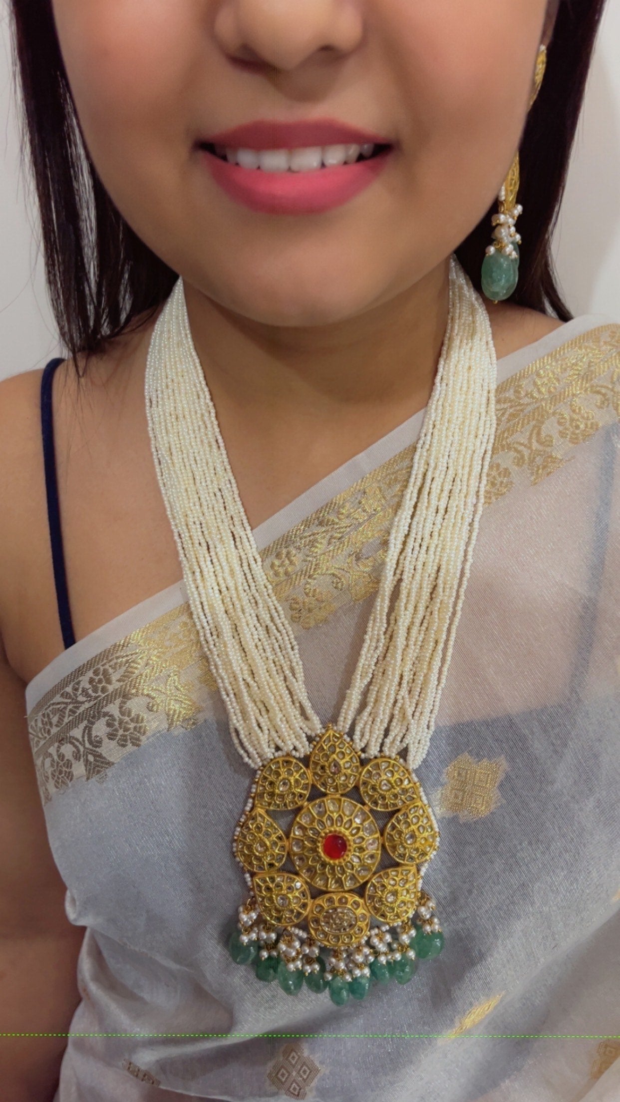 22K Gold Hallmarked Diamond Polki Freshwater Pearl Necklace Jewelry