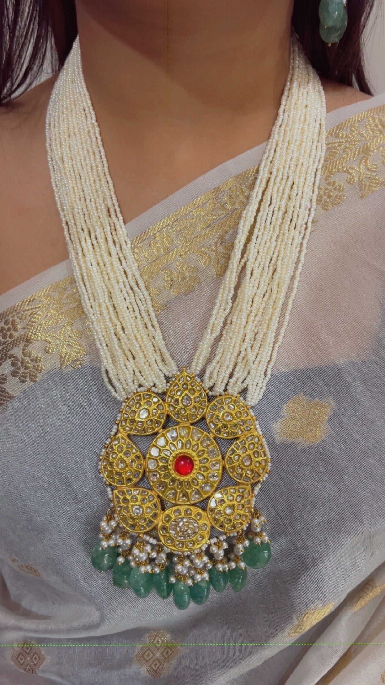 22K Gold Hallmarked Diamond Polki Freshwater Pearl Necklace Jewelry