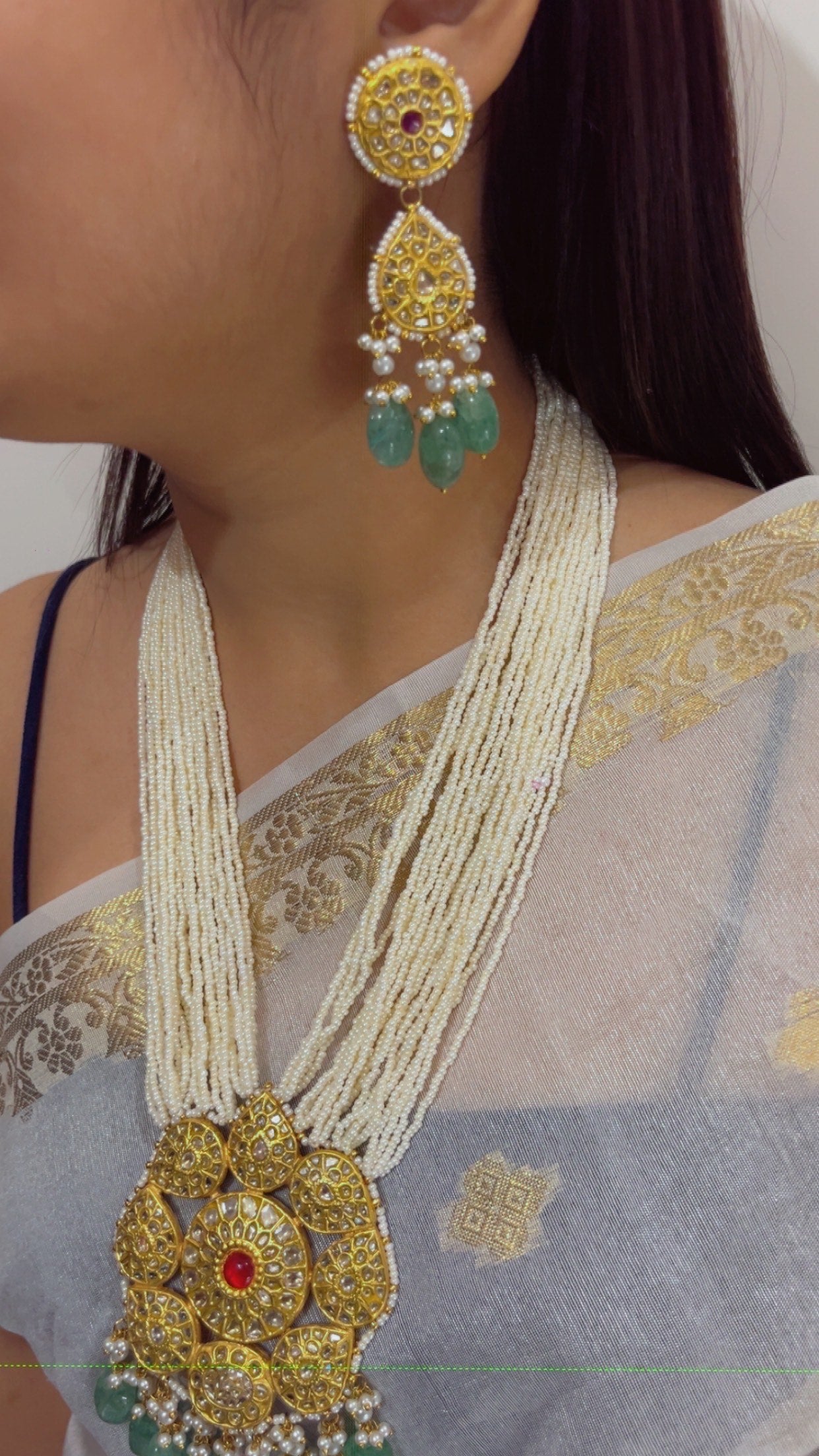 22K Gold Hallmarked Diamond Polki Freshwater Pearl Necklace Jewelry