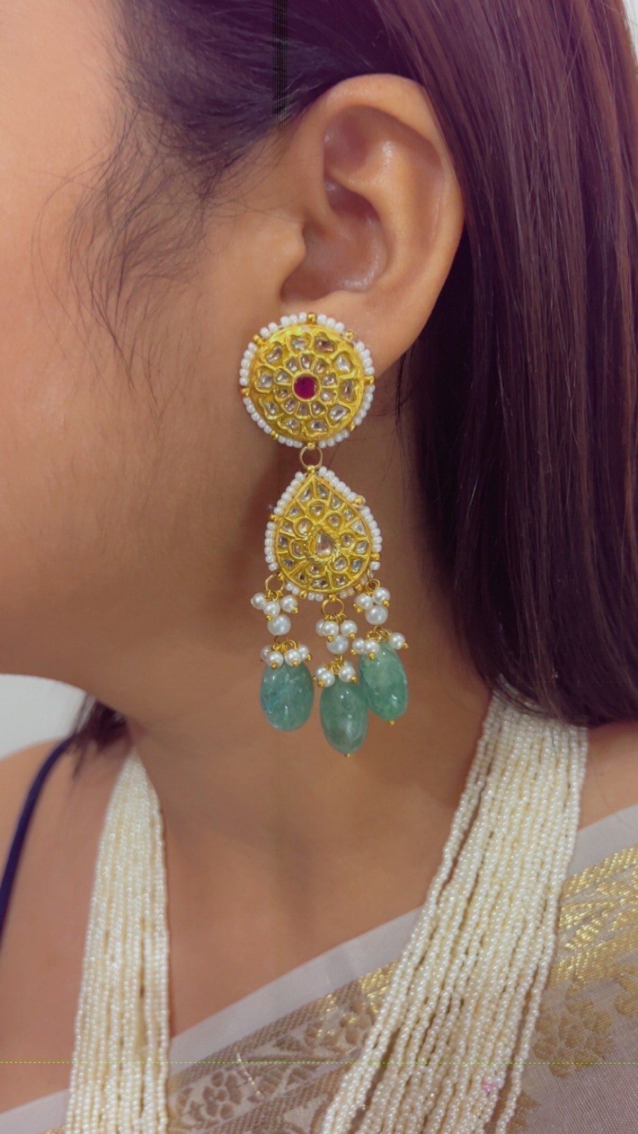 22K Gold Hallmarked Diamond Polki Freshwater Pearl Necklace Jewelry