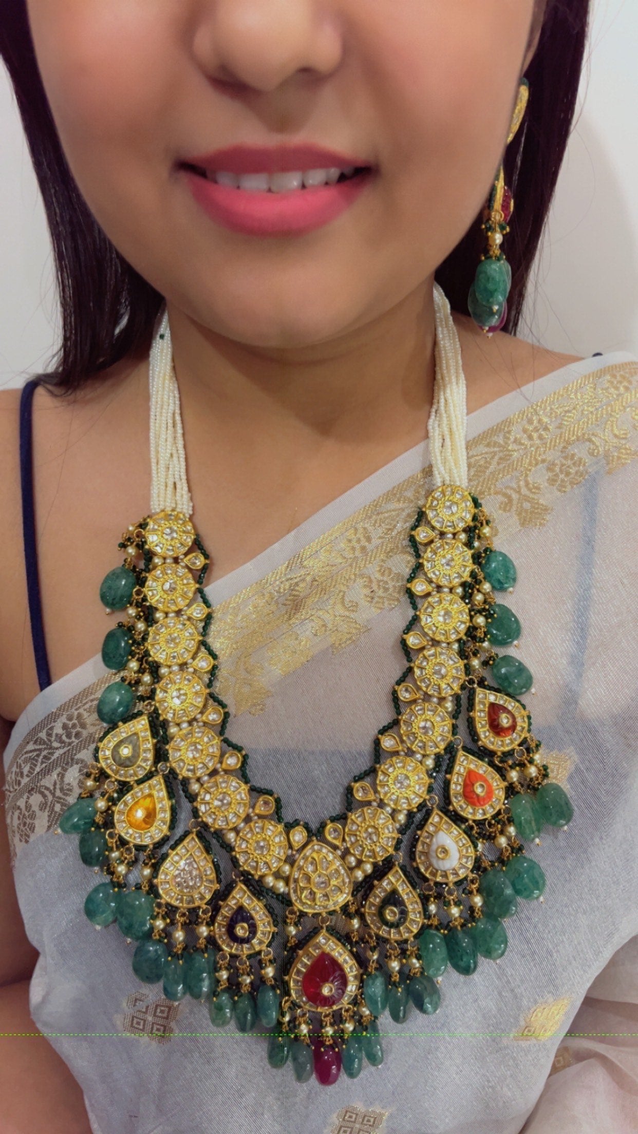 22K Gold Hallmarked Diamond Polki Navratan Necklace Jewelry