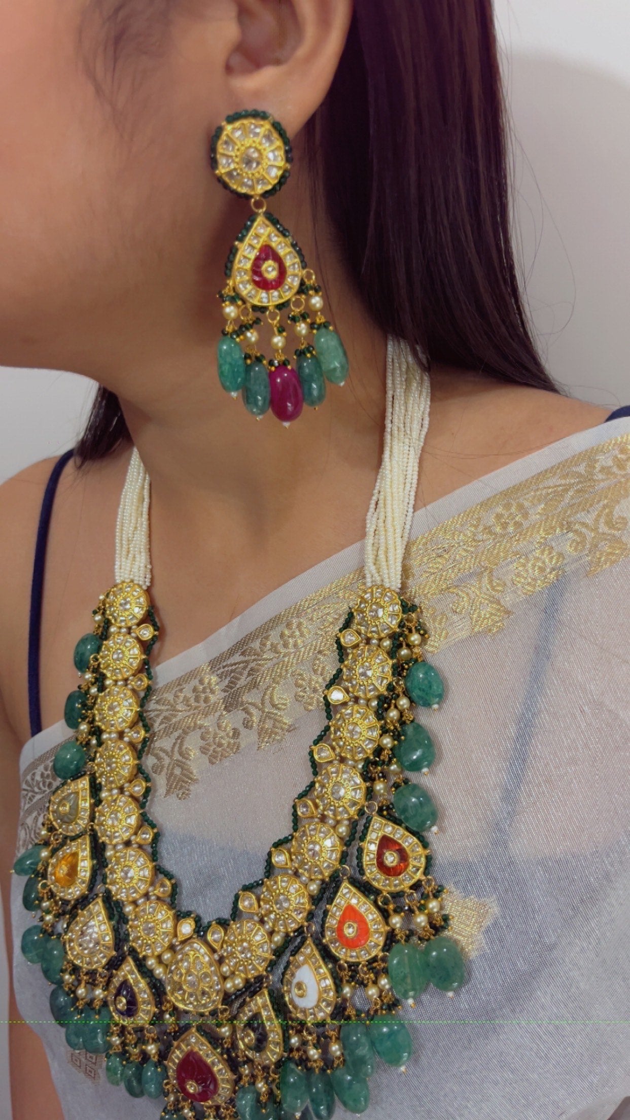 22K Gold Hallmarked Diamond Polki Navratan Necklace Jewelry