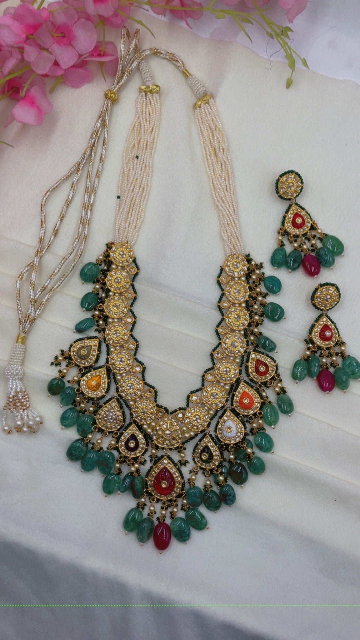 22K Gold Hallmarked Diamond Polki Navratan Necklace Jewelry