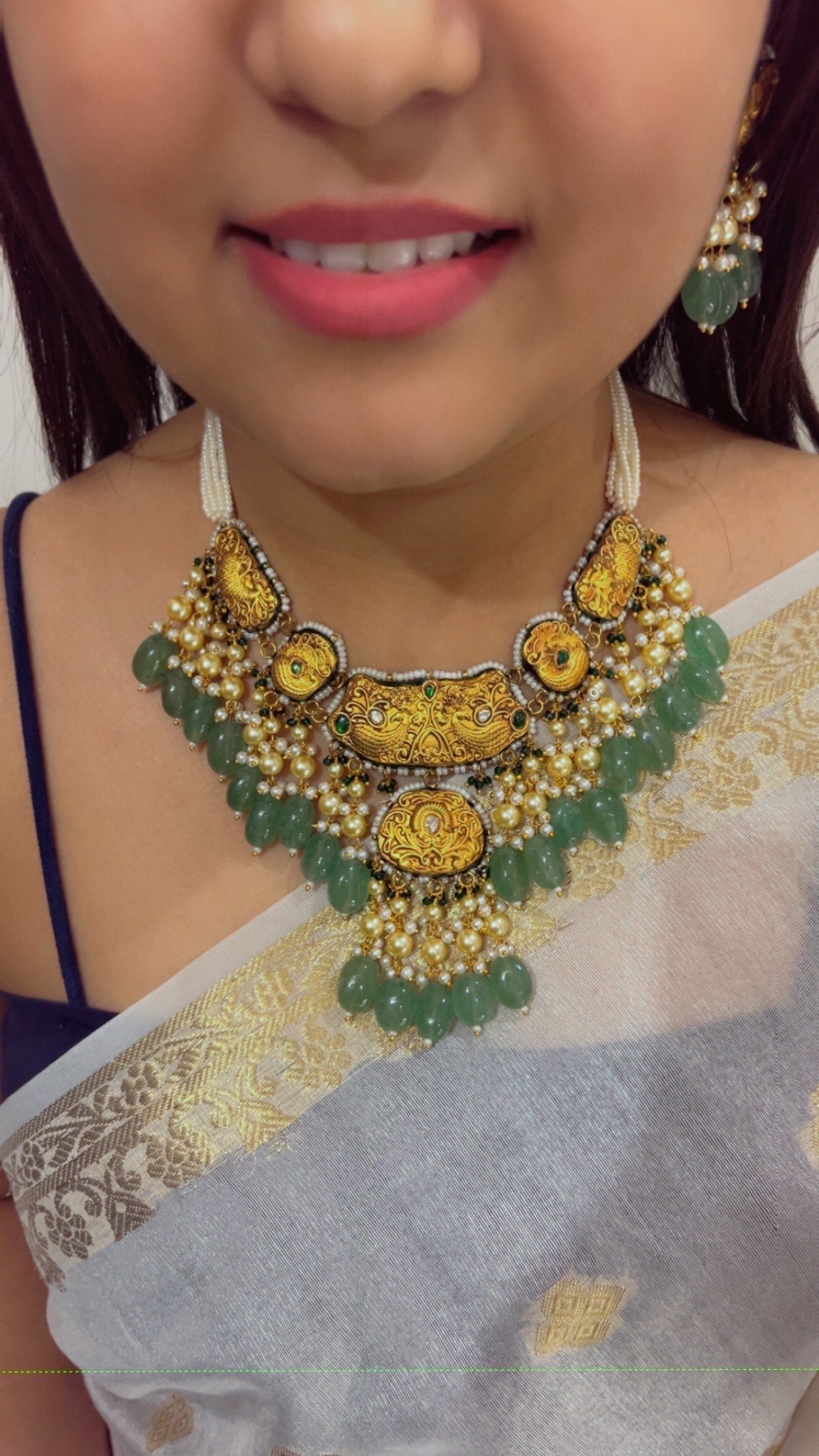 22K Gold Hallmarked Diamond Polki Freshwater Pearl Necklace Jewelry