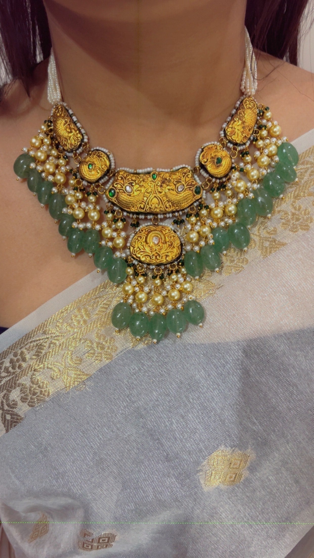 22K Gold Hallmarked Diamond Polki Freshwater Pearl Necklace Jewelry