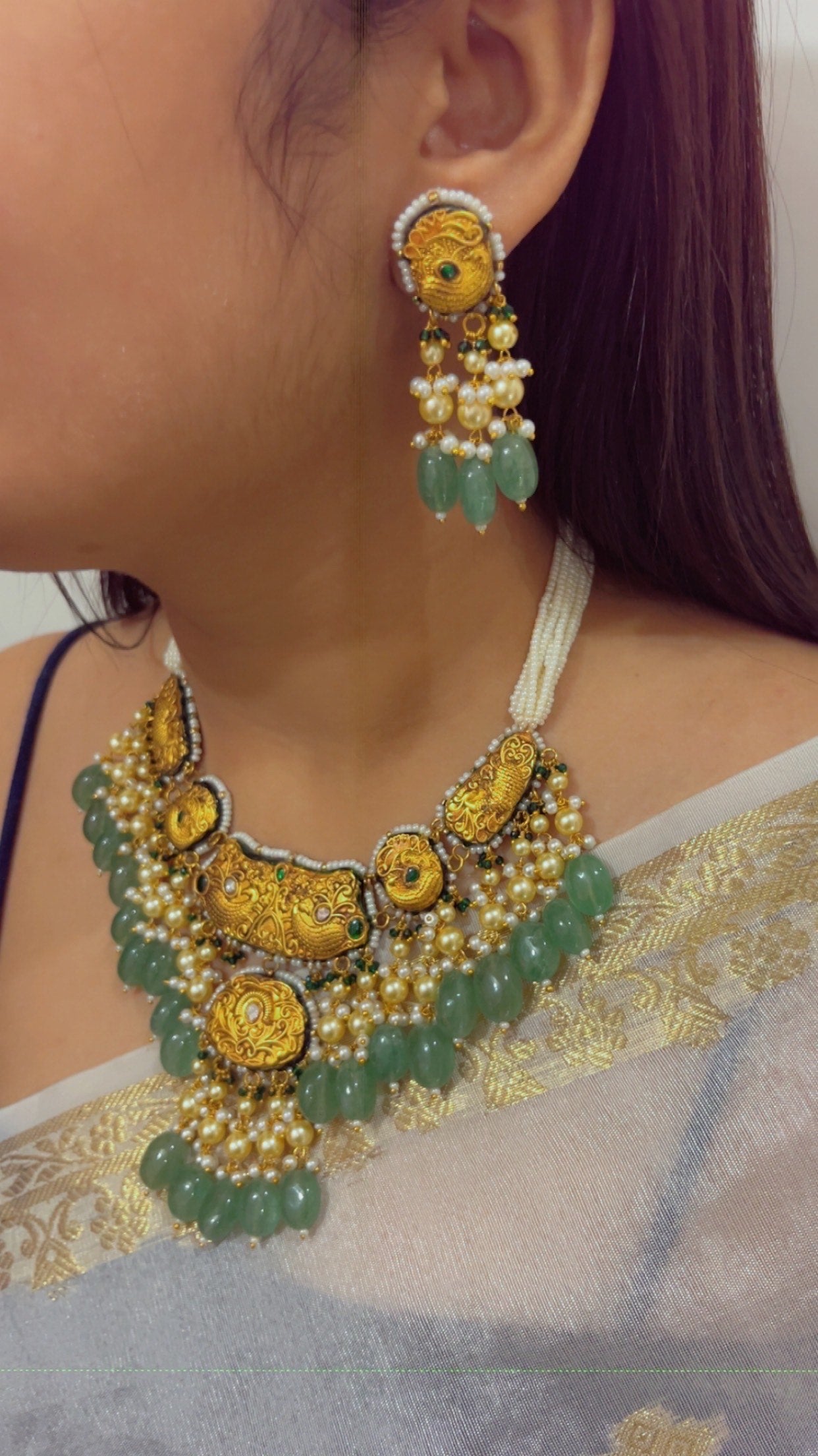 22K Gold Hallmarked Diamond Polki Freshwater Pearl Necklace Jewelry