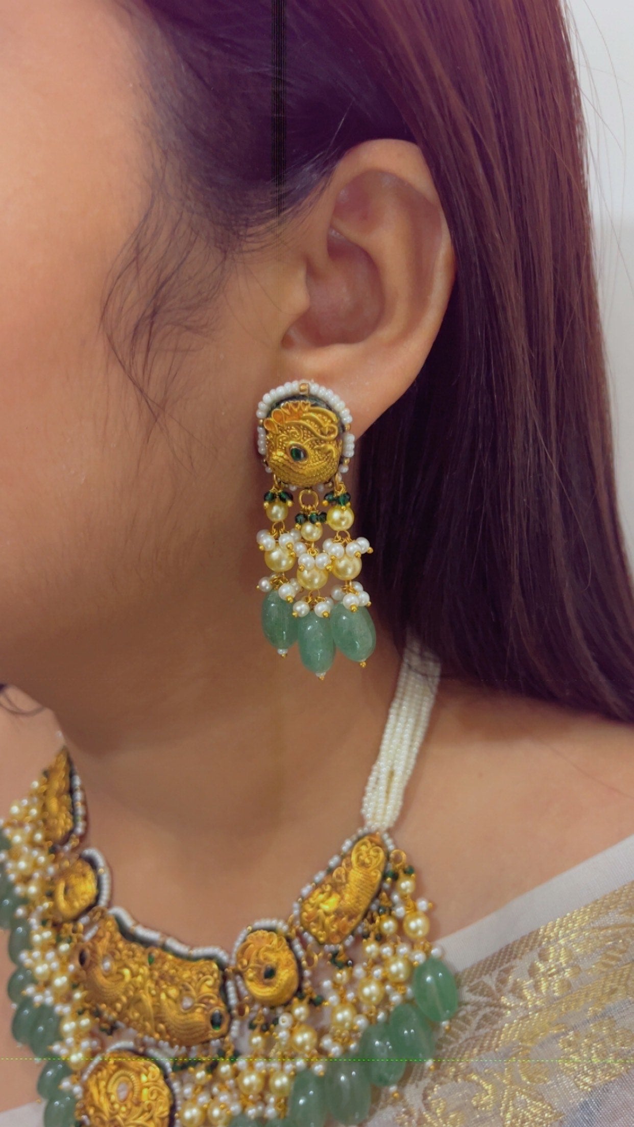 22K Gold Hallmarked Diamond Polki Freshwater Pearl Necklace Jewelry