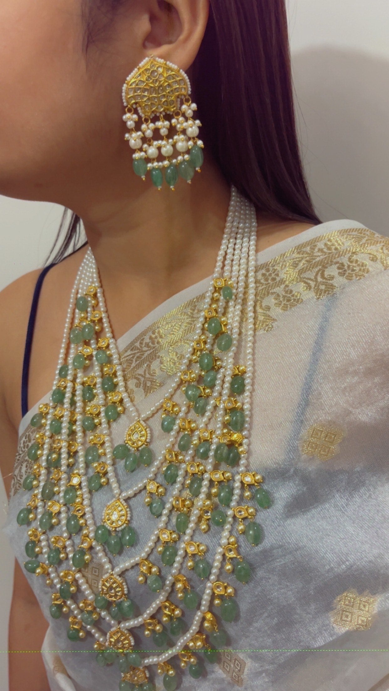 22K Gold Hallmarked Diamond Polki Green Rani Haar Necklace Jewelry