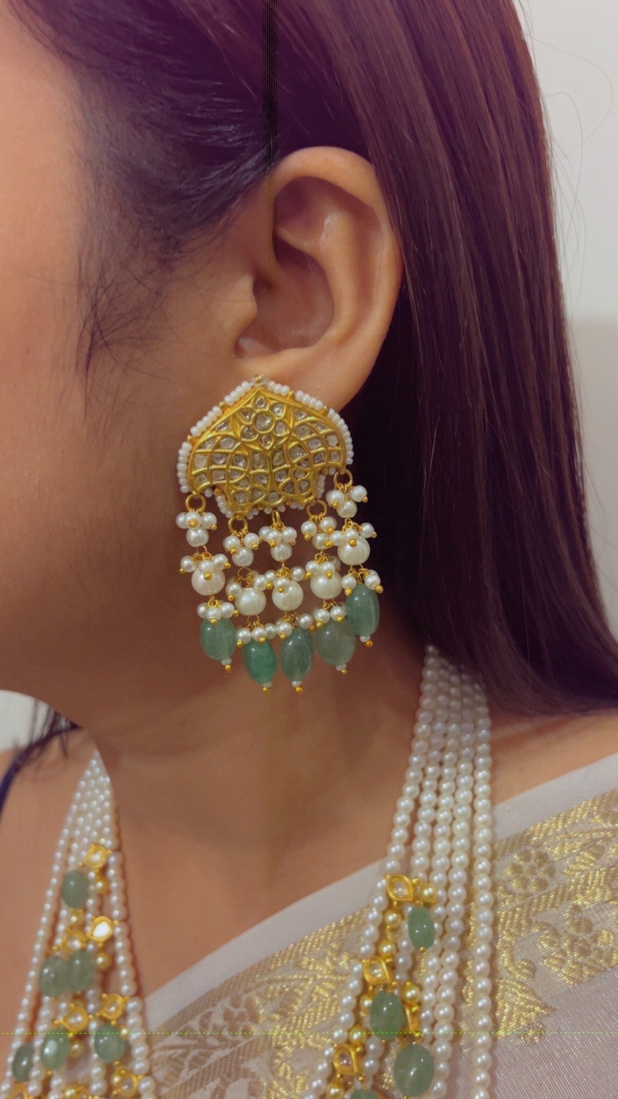 22K Gold Hallmarked Diamond Polki Green Rani Haar Necklace Jewelry