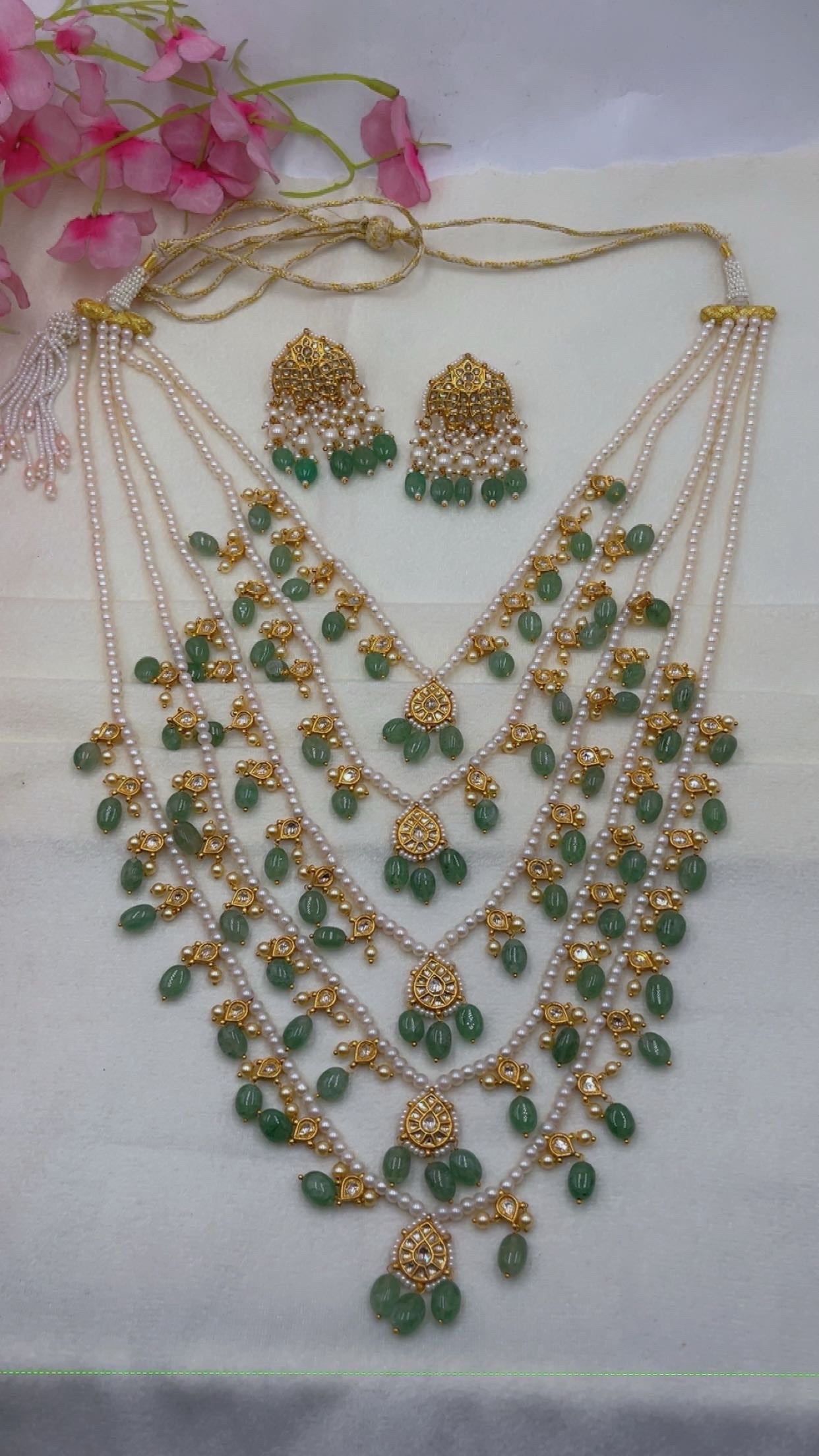 22K Gold Hallmarked Diamond Polki Green Rani Haar Necklace Jewelry