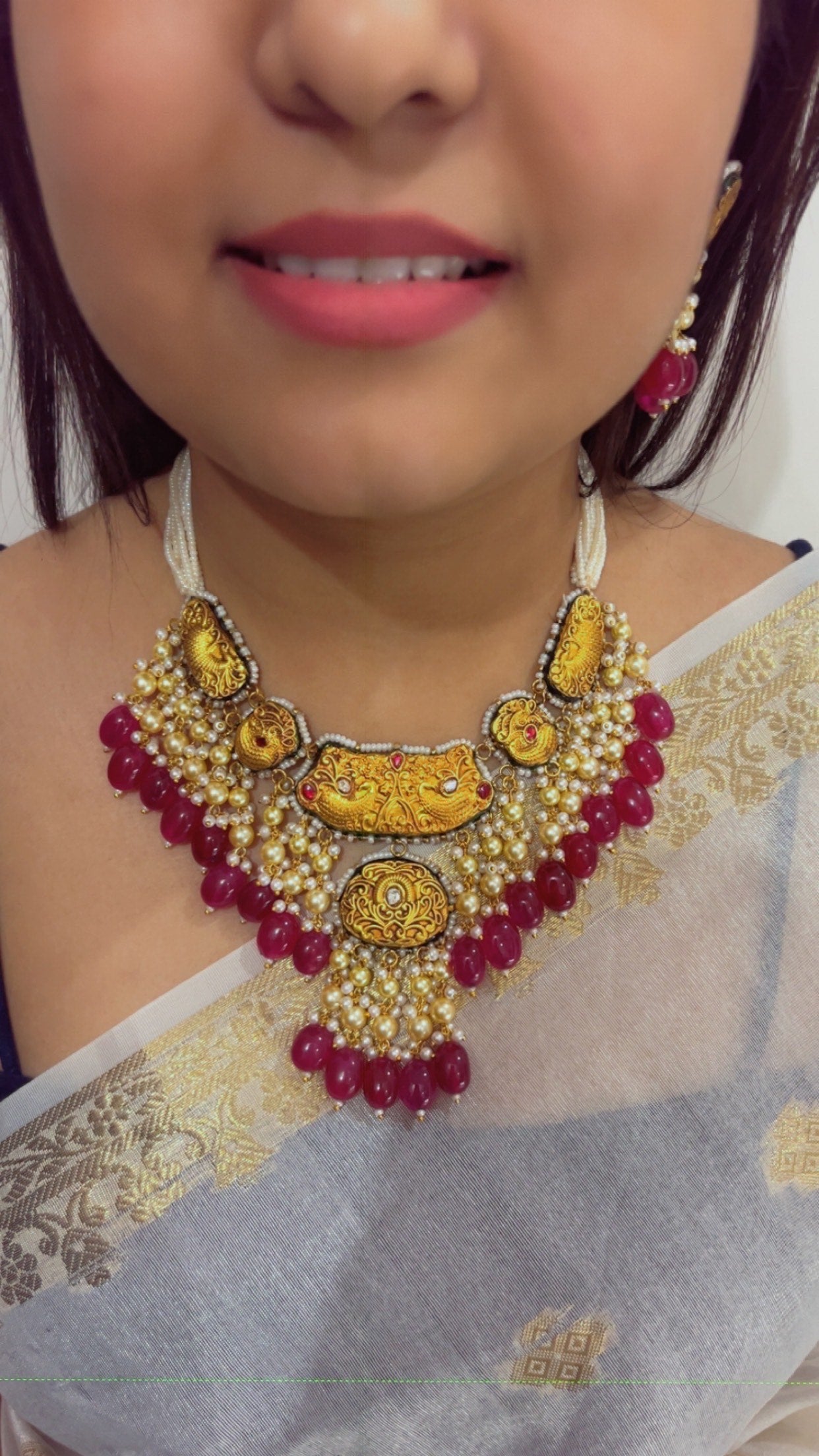 22K Gold Hallmarked Diamond Polki Red Choker Necklace Jewelry