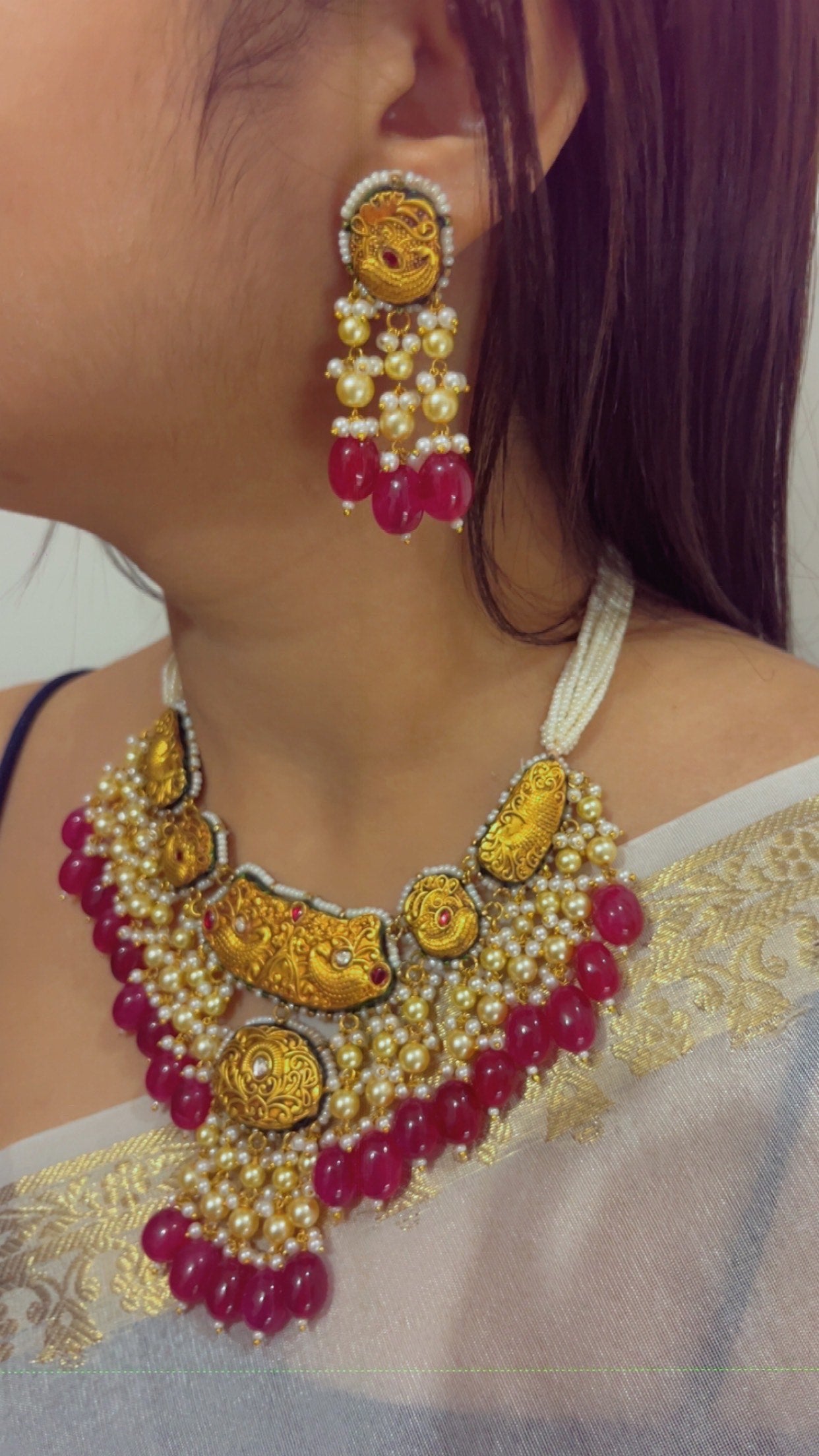 22K Gold Hallmarked Diamond Polki Red Choker Necklace Jewelry