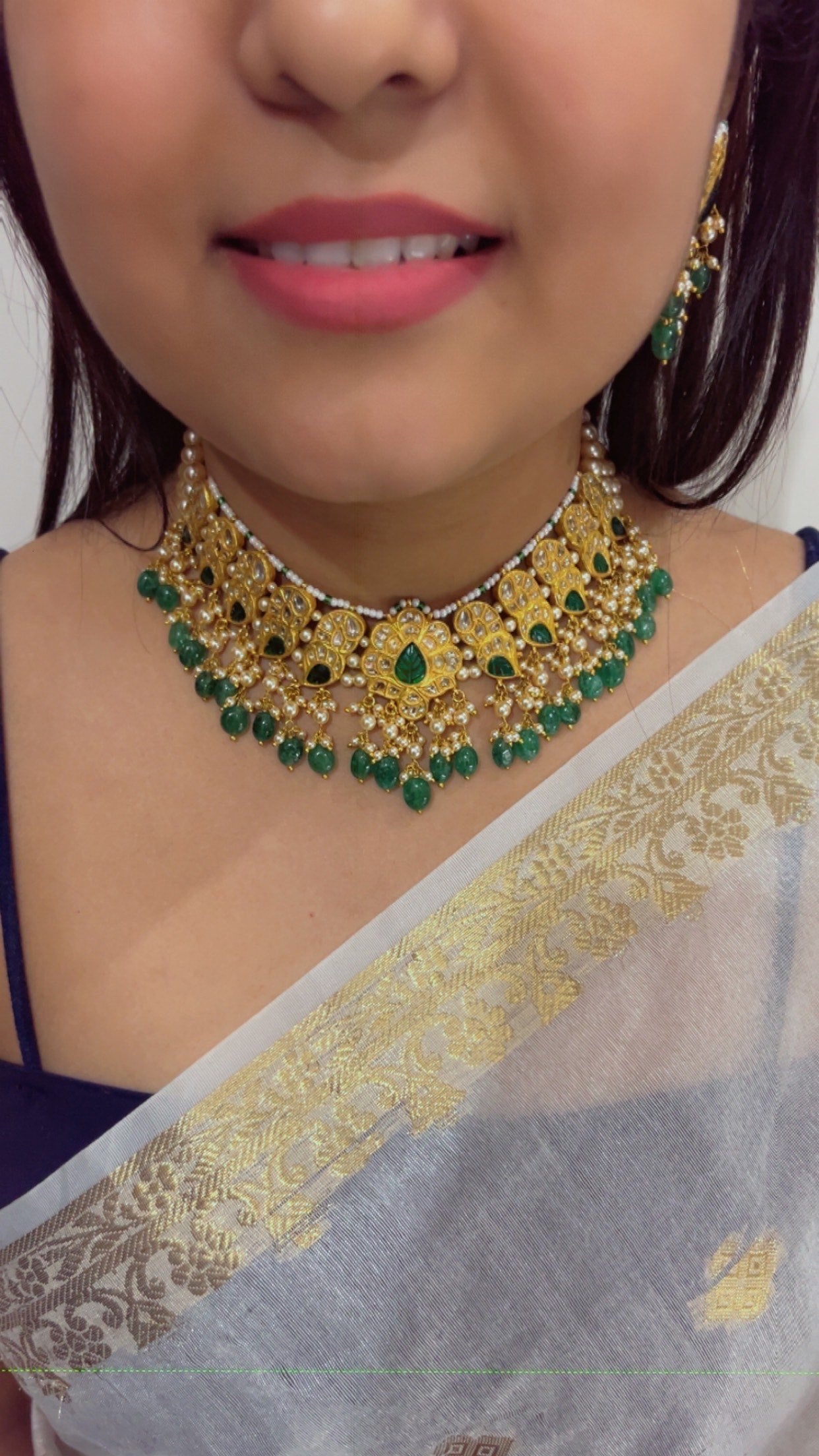 22K Gold Hallmarked Diamond Polki Green Choker Necklace Jewelry