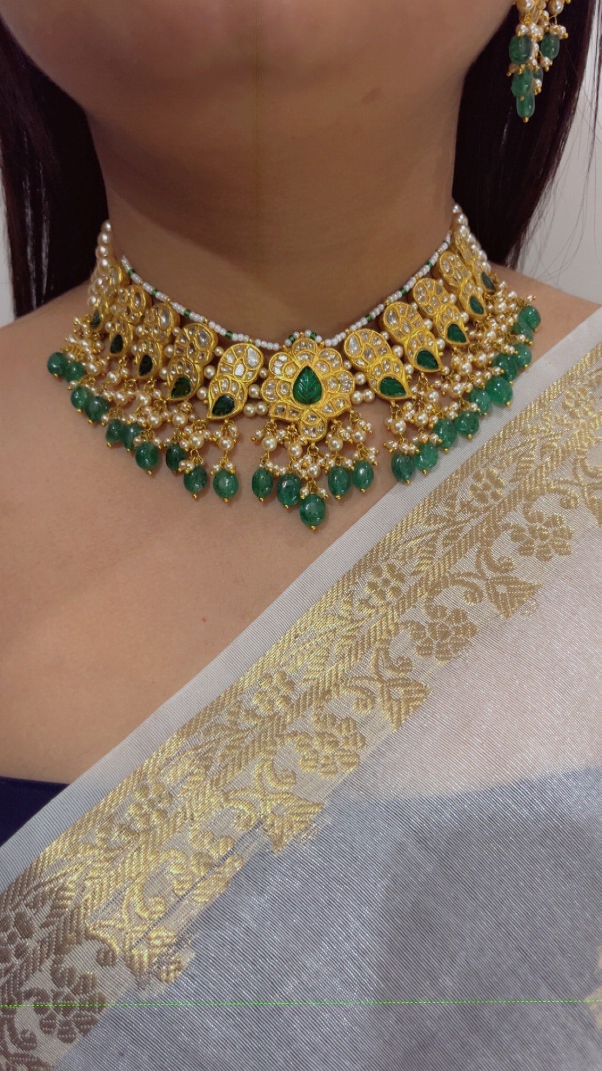 22K Gold Hallmarked Diamond Polki Green Choker Necklace Jewelry