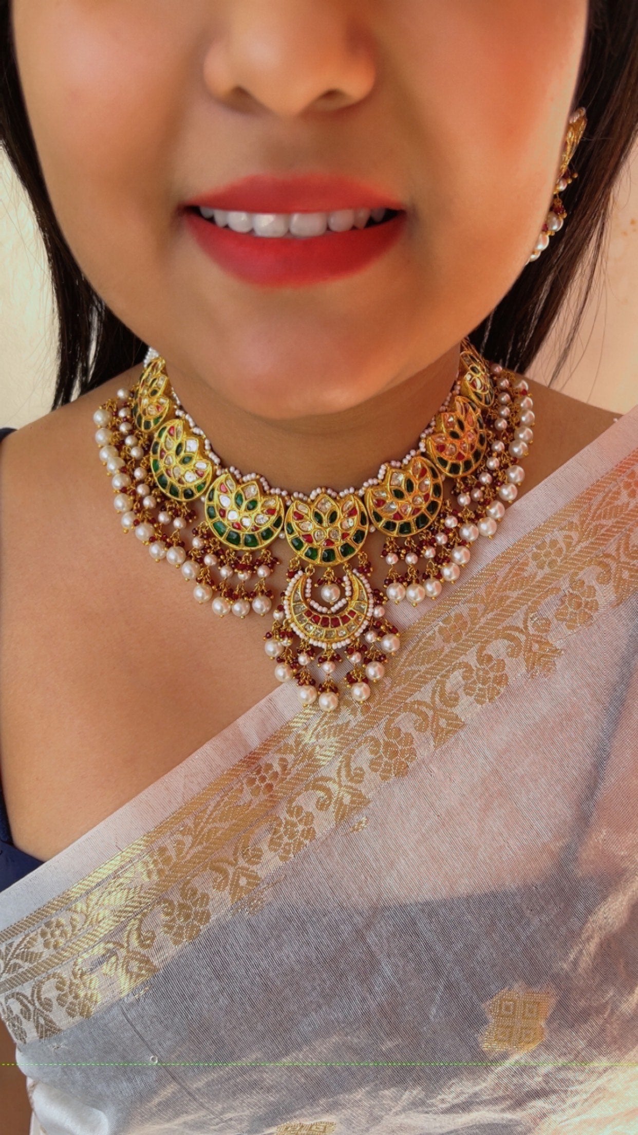 22K Gold Hallmarked Diamond Polki Red Choker Necklace Jewelry