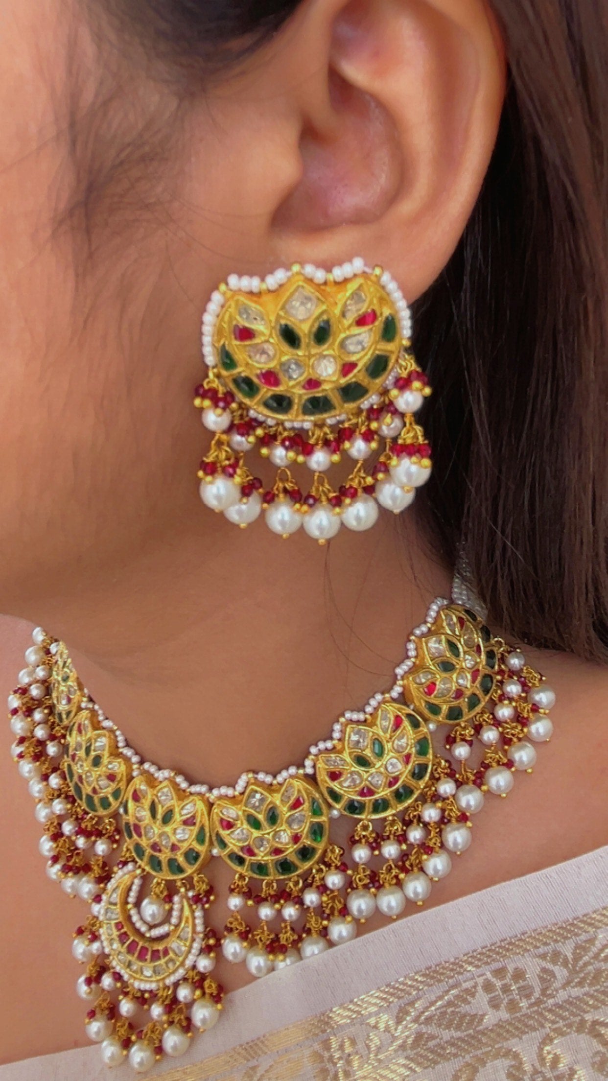 22K Gold Hallmarked Diamond Polki Red Choker Necklace Jewelry