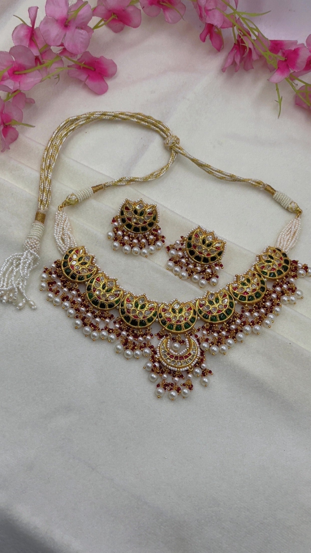22K Gold Hallmarked Diamond Polki Red Choker Necklace Jewelry