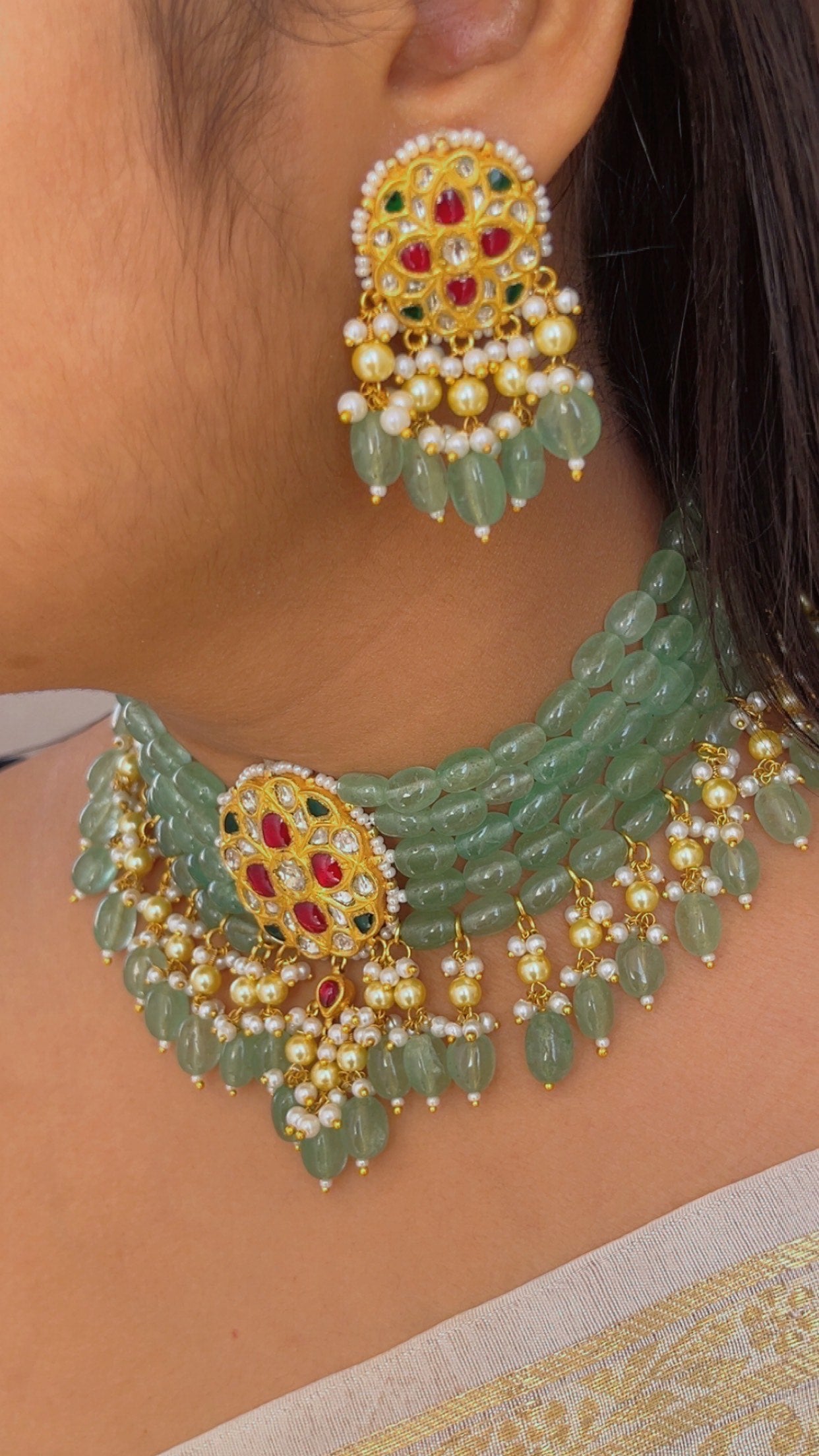 22K Gold Hallmarked Diamond Polki Green Choker Necklace Jewelry