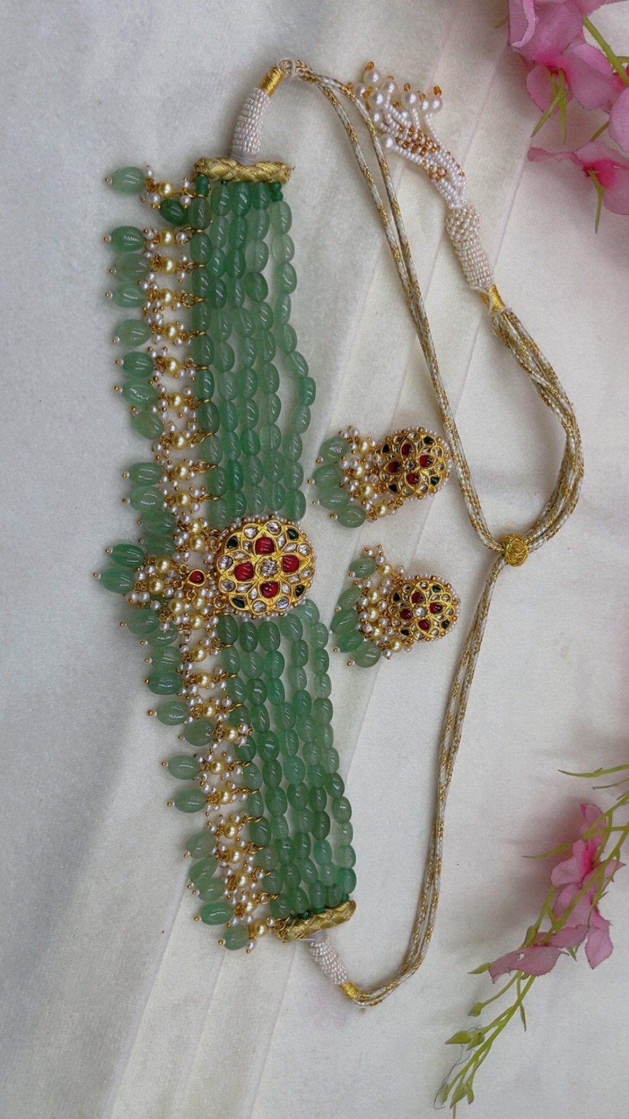 22K Gold Hallmarked Diamond Polki Green Choker Necklace Jewelry