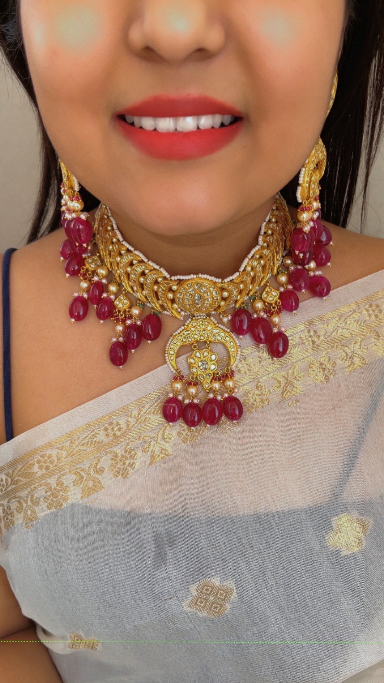 22K Gold Hallmarked Diamond Polki Red Choker Necklace Jewelry