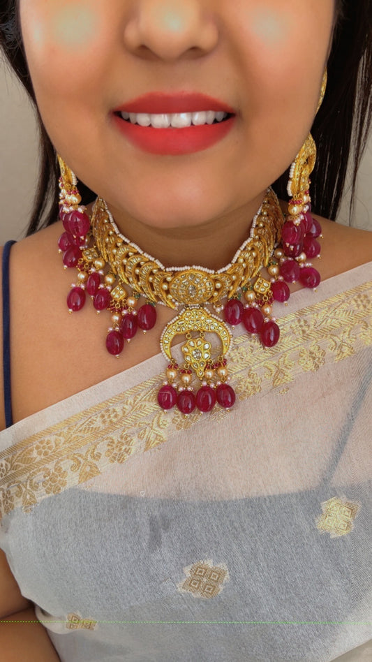 22K Gold Hallmarked Diamond Polki Red Choker Necklace Jewelry