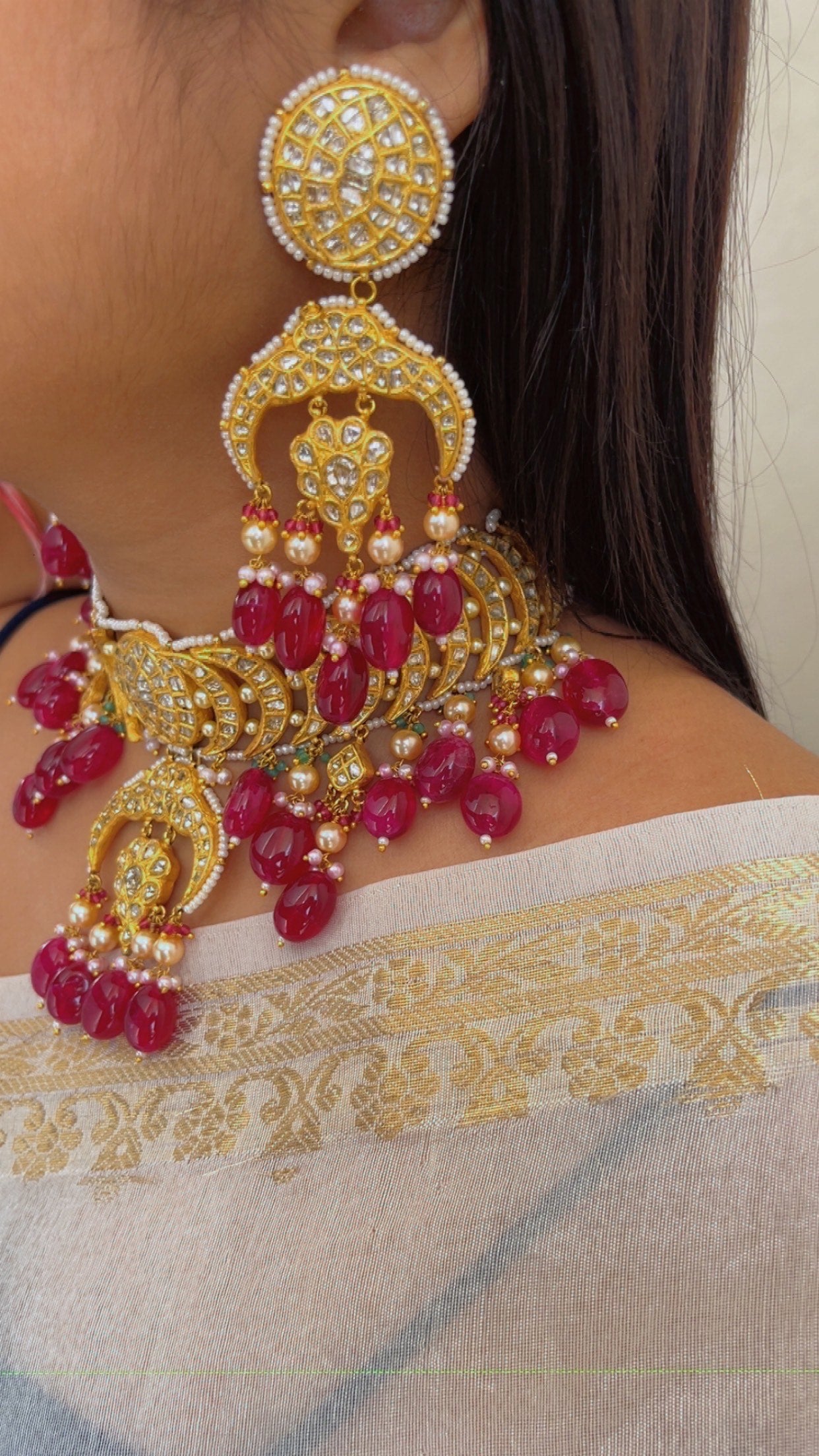 22K Gold Hallmarked Diamond Polki Red Choker Necklace Jewelry