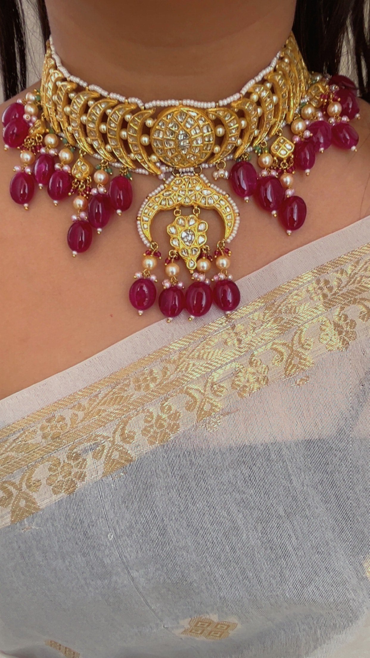 22K Gold Hallmarked Diamond Polki Red Choker Necklace Jewelry