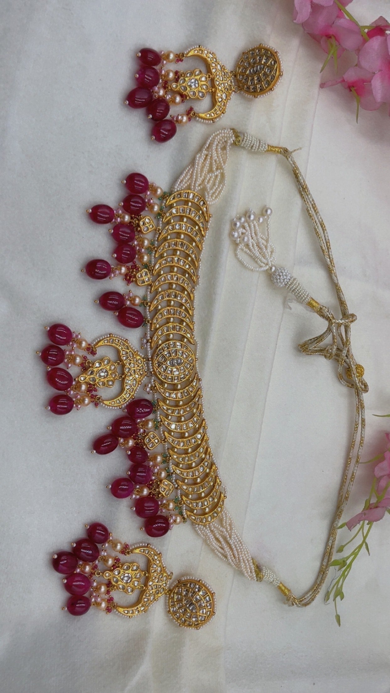 22K Gold Hallmarked Diamond Polki Red Choker Necklace Jewelry