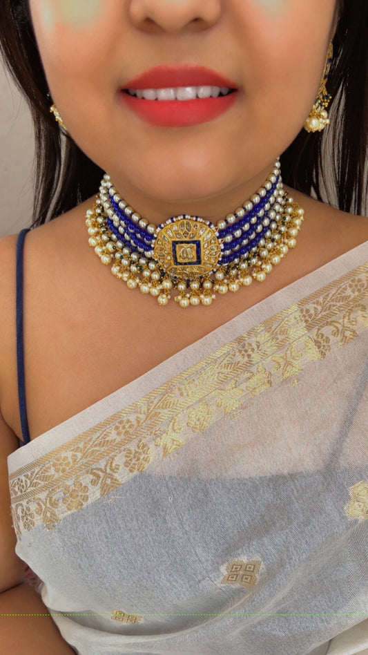 22K Gold Hallmarked Diamond Polki Blue Choker Necklace Jewelry