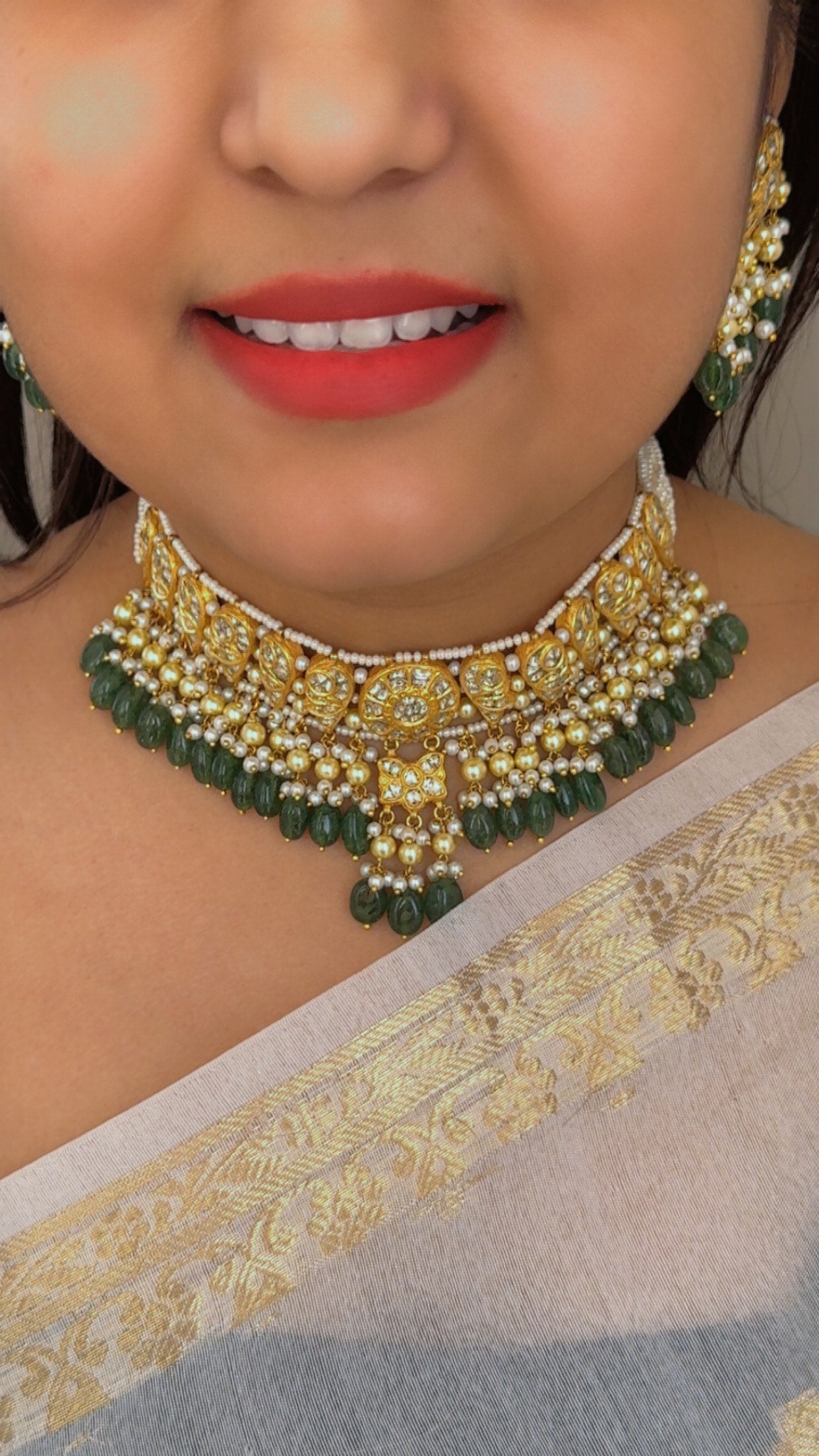 22K Gold Hallmarked Diamond Polki Green Choker Necklace Jewelry