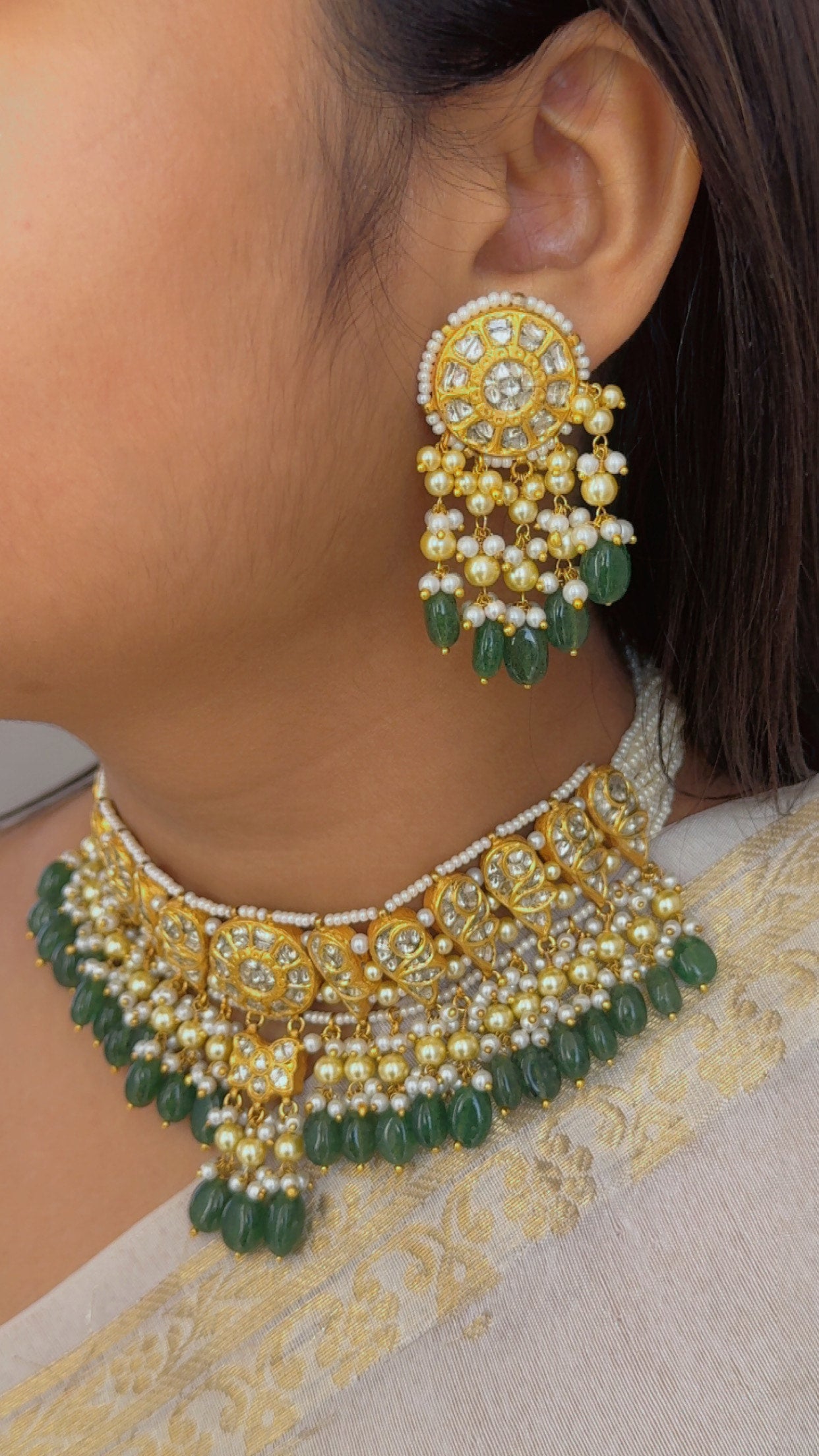 22K Gold Hallmarked Diamond Polki Green Choker Necklace Jewelry