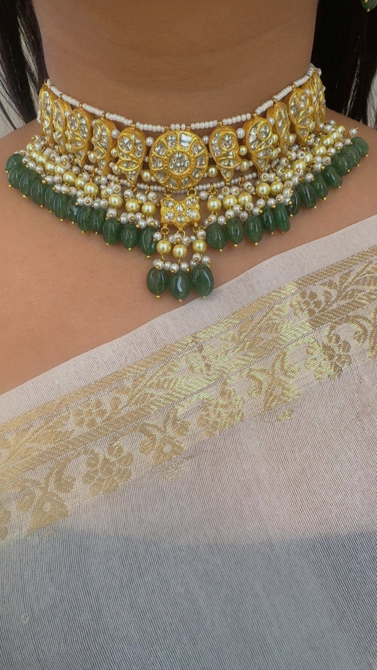 22K Gold Hallmarked Diamond Polki Green Choker Necklace Jewelry