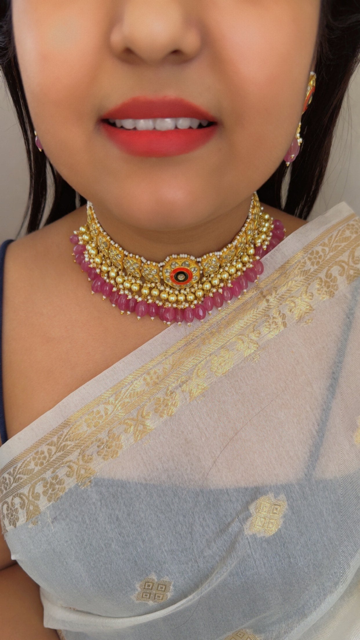 22K Gold Hallmarked Diamond Polki Red Choker Necklace Jewelry