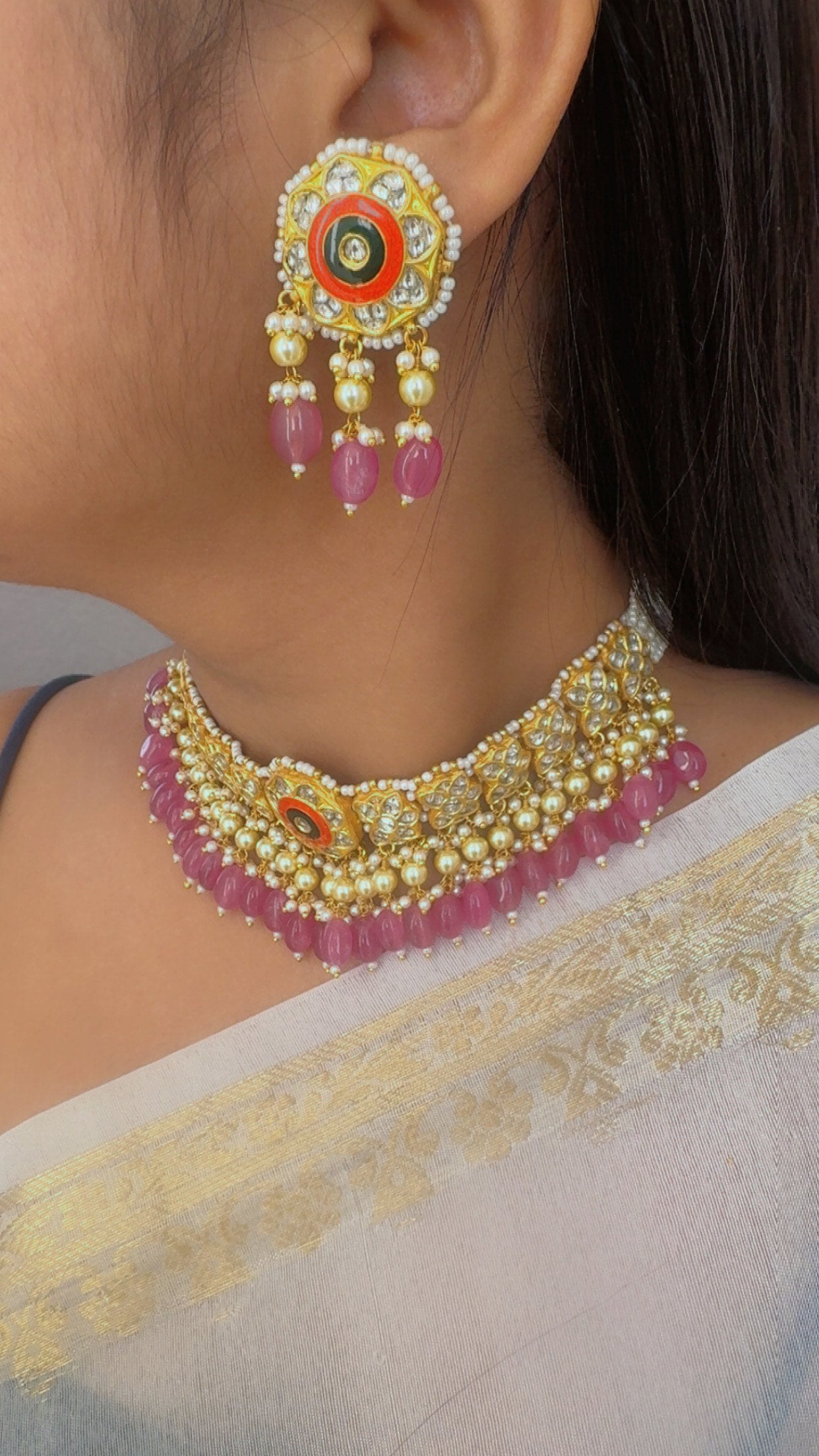 22K Gold Hallmarked Diamond Polki Red Choker Necklace Jewelry