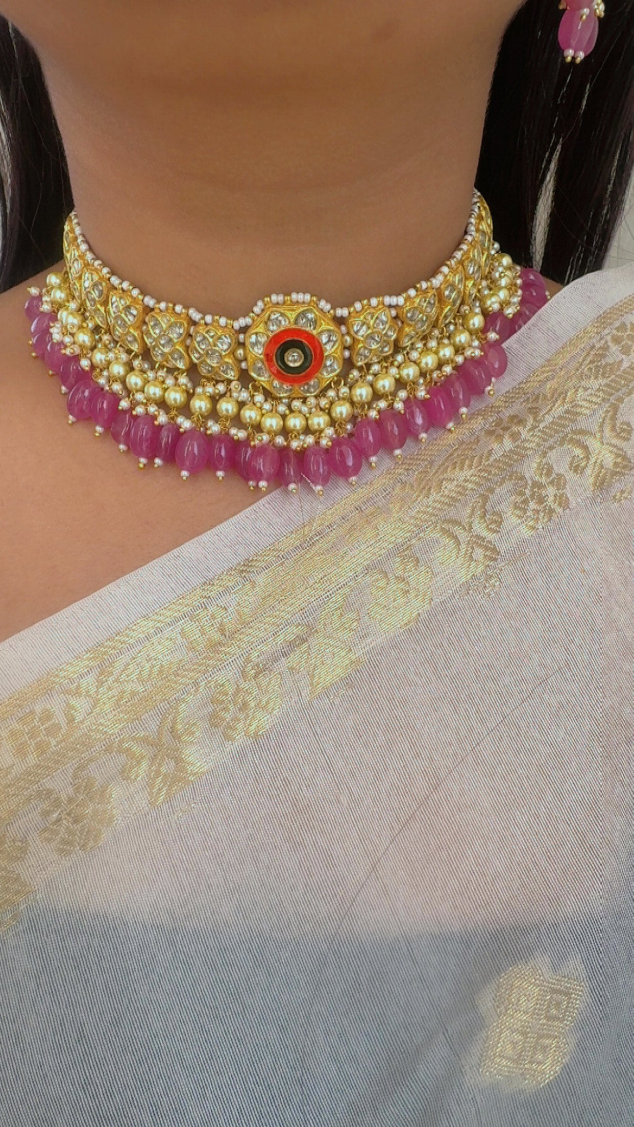 22K Gold Hallmarked Diamond Polki Red Choker Necklace Jewelry