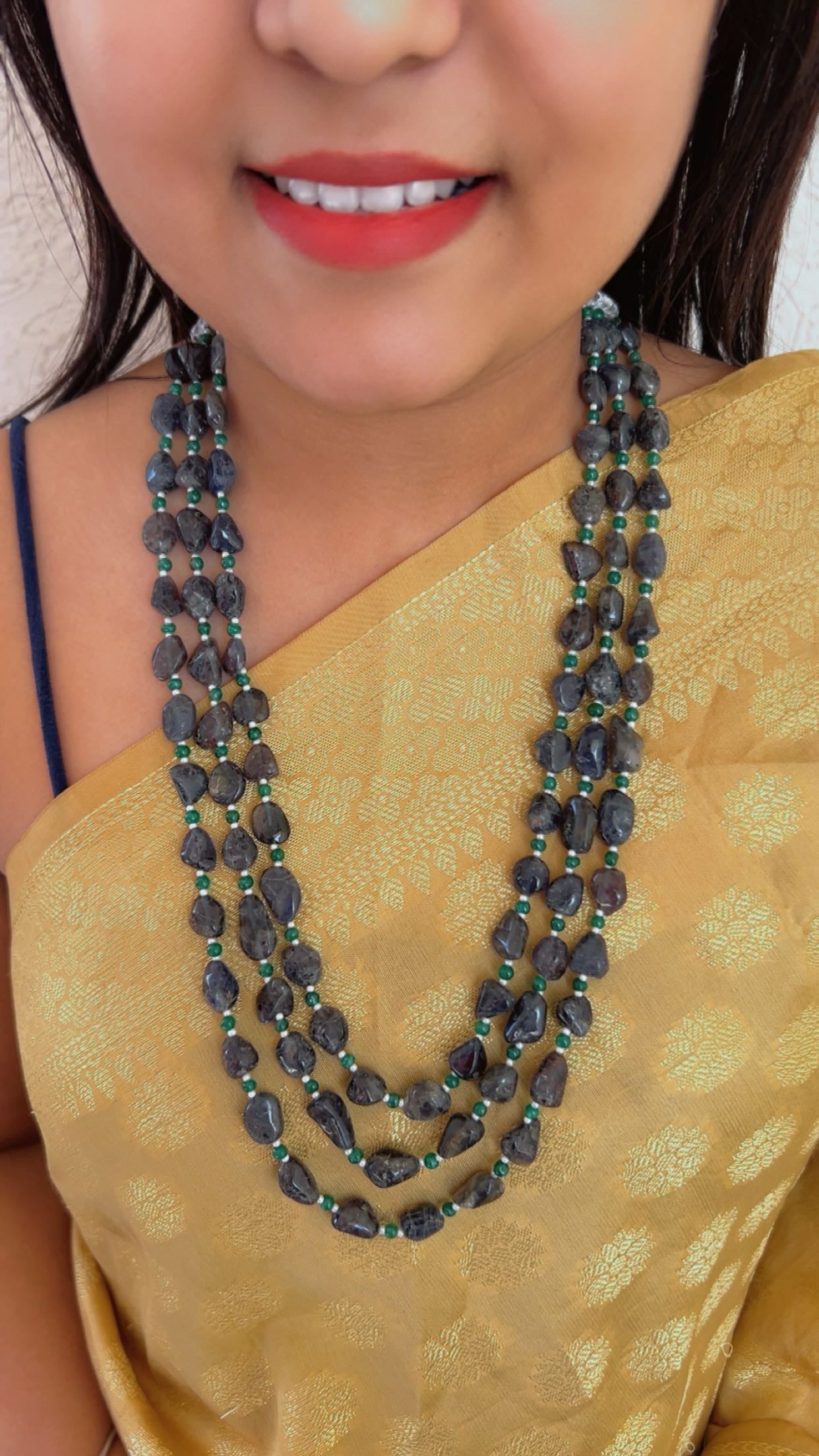 Natural Lolite & Green Quartz Gemstone Beads Necklace Jewelry