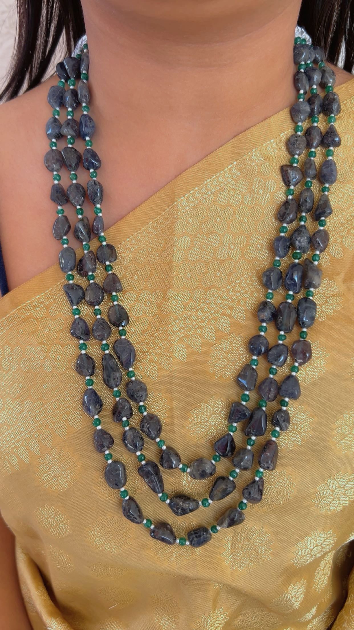 Natural Lolite & Green Quartz Gemstone Beads Necklace Jewelry
