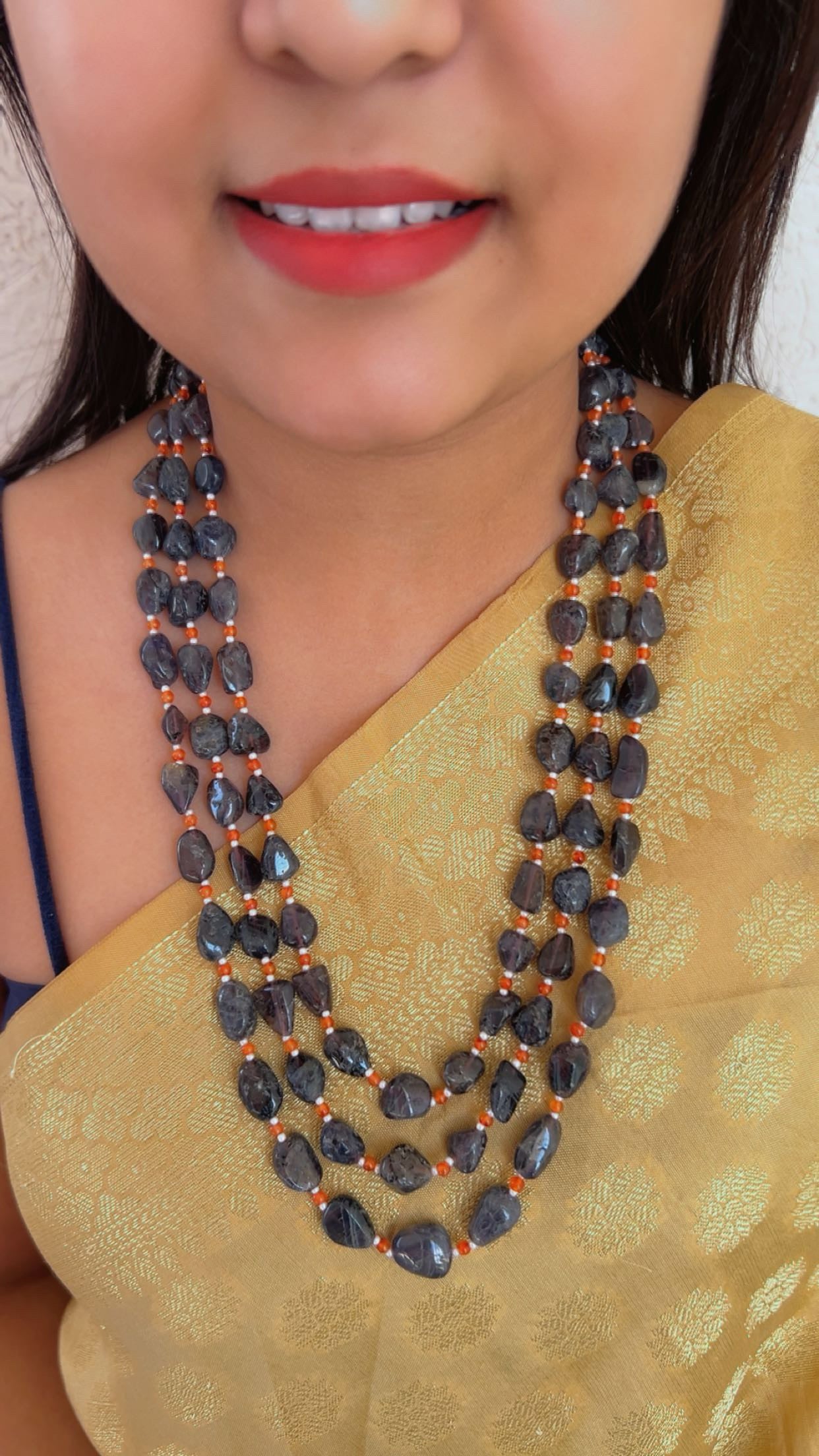 Natural Lolite & Carnelian Gemstone Beads Necklace Jewelry