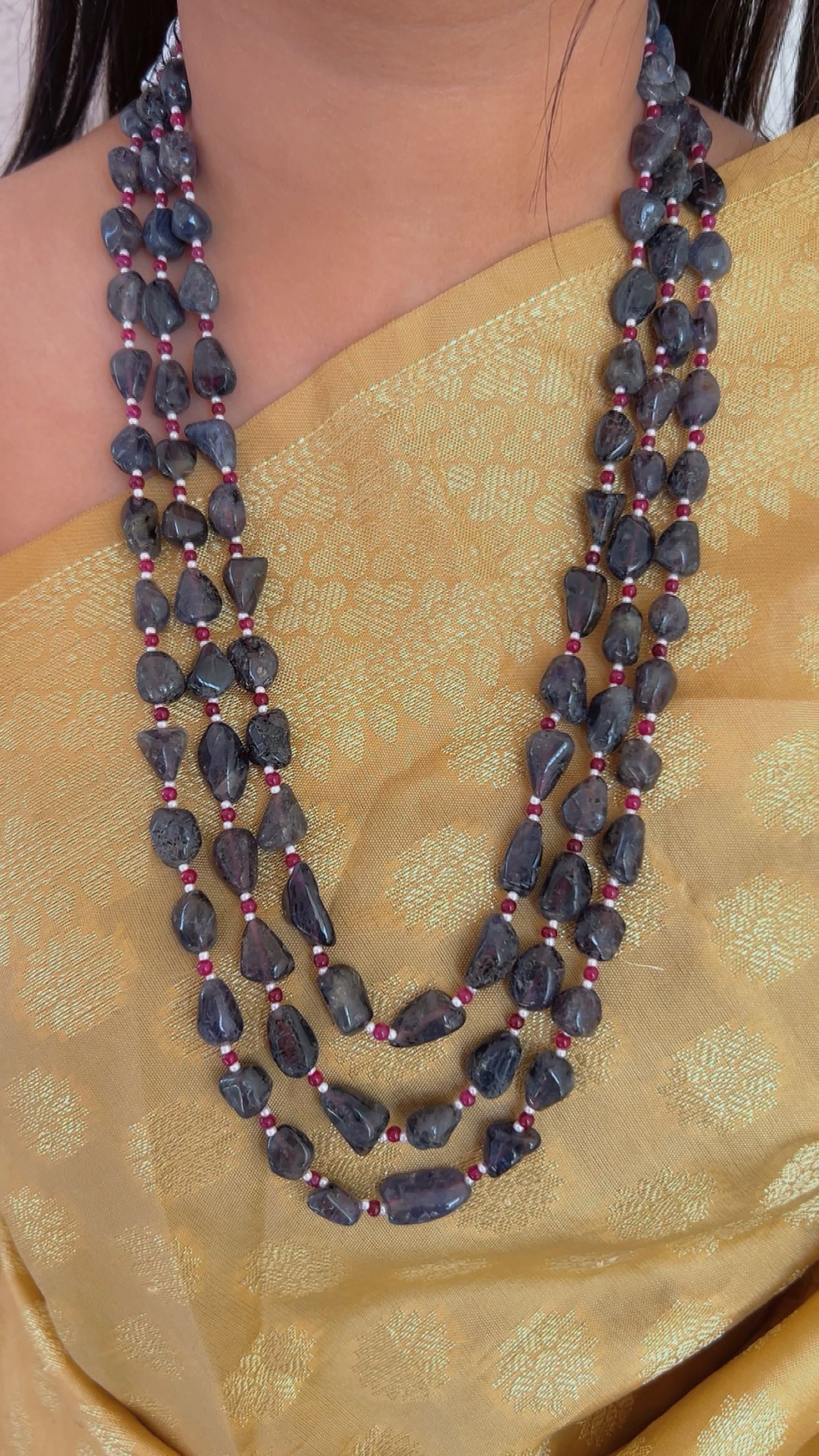 Natural Iolite & Red Quartz Gemstone Beads Necklace Jewelry