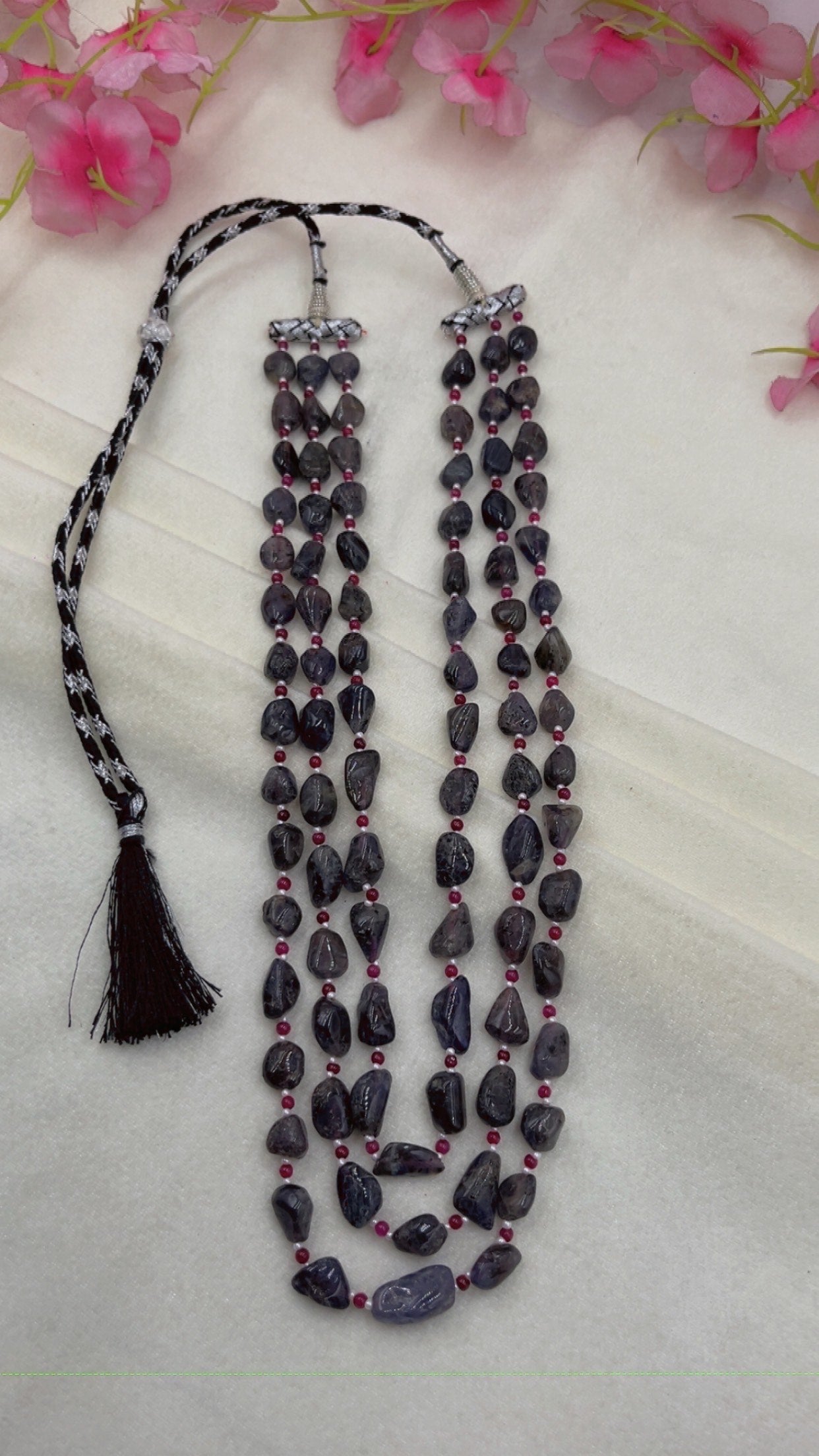 Natural Iolite & Red Quartz Gemstone Beads Necklace Jewelry