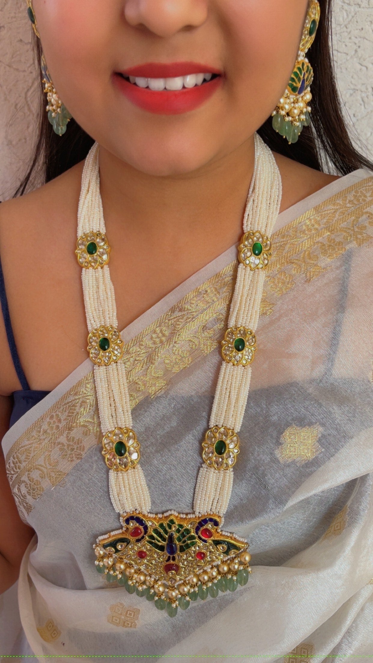 22K Gold Hallmarked Diamond Polki Green Necklace Jewelry