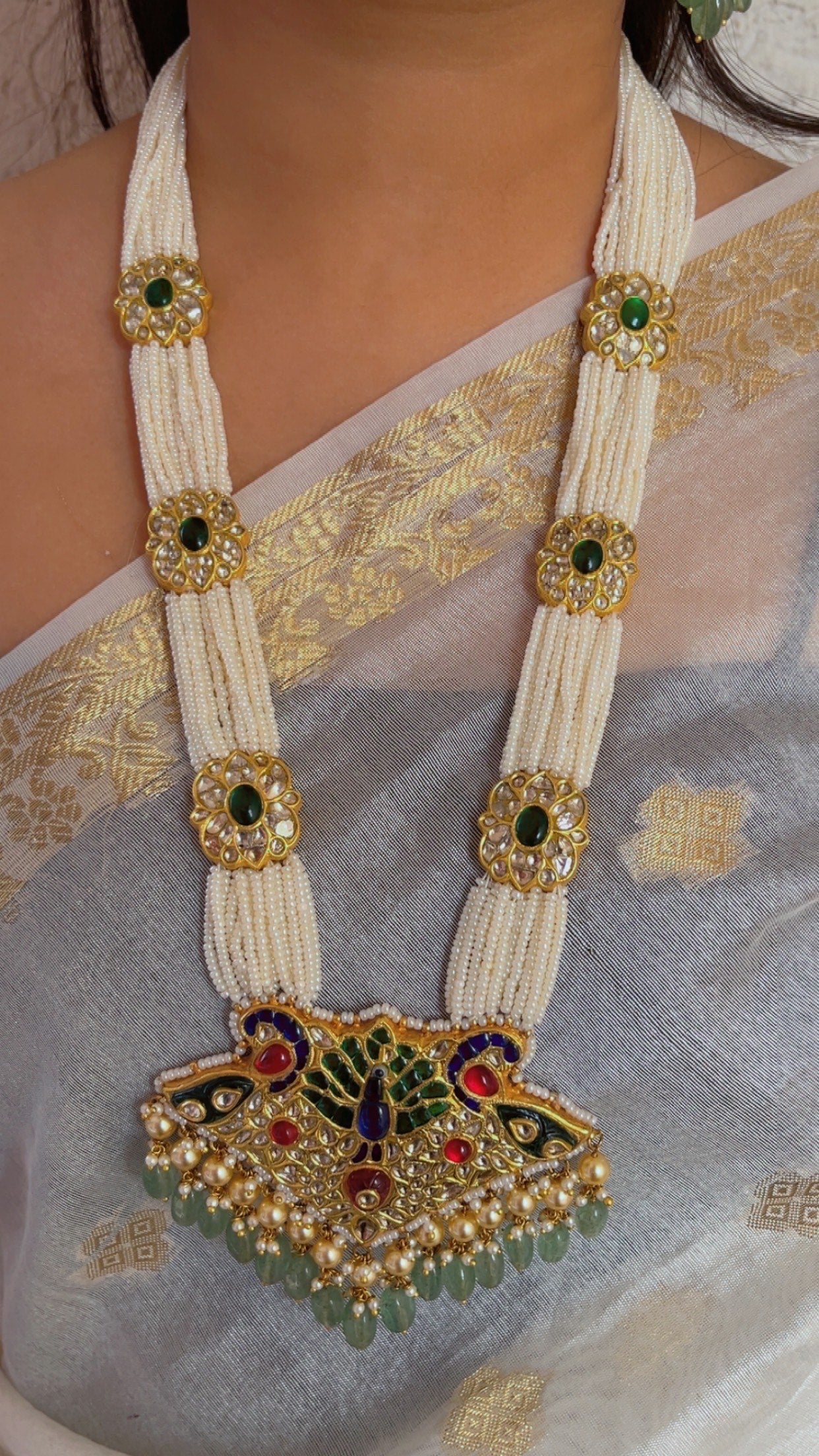 22K Gold Hallmarked Diamond Polki Green Necklace Jewelry