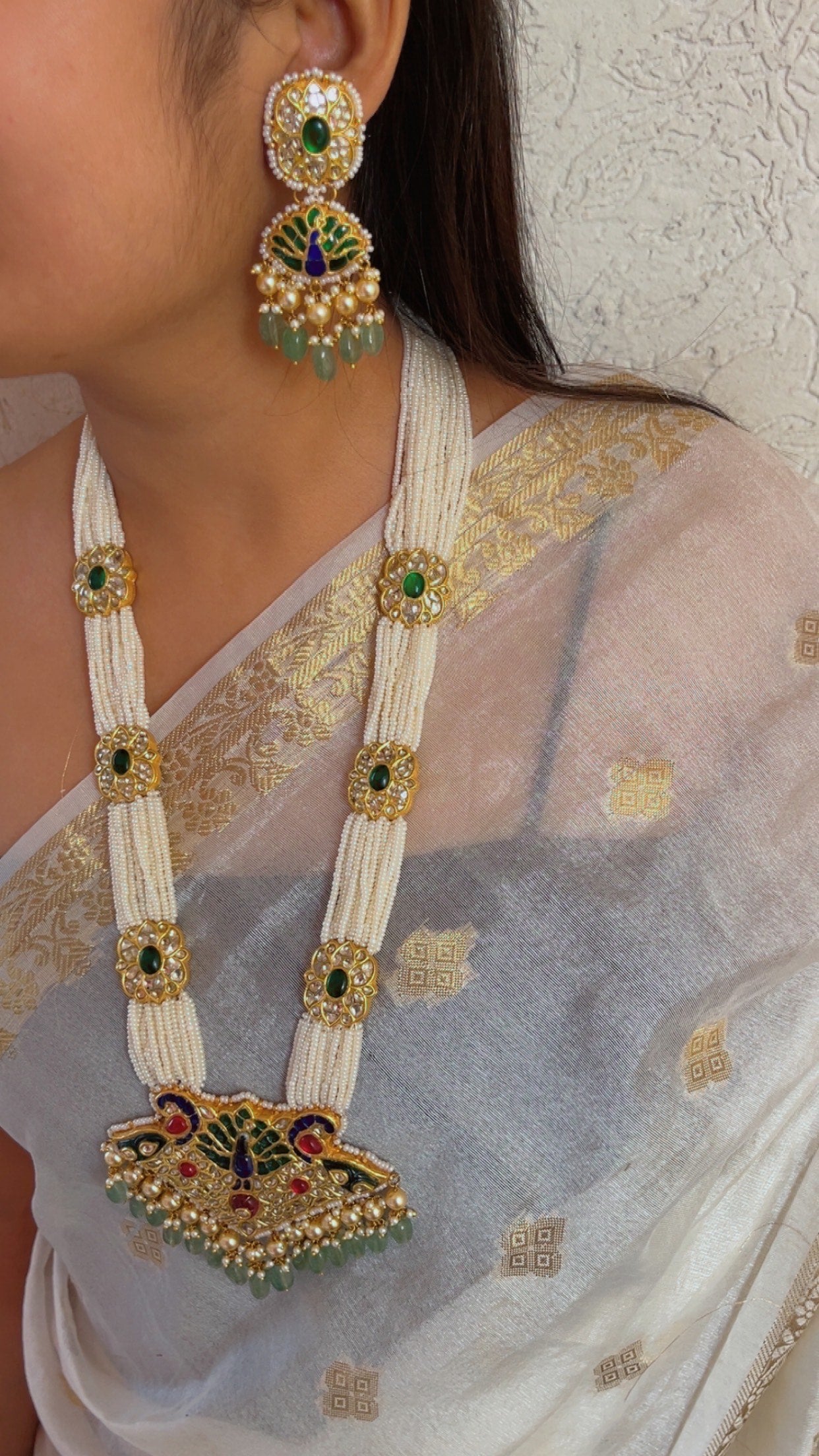 22K Gold Hallmarked Diamond Polki Green Necklace Jewelry