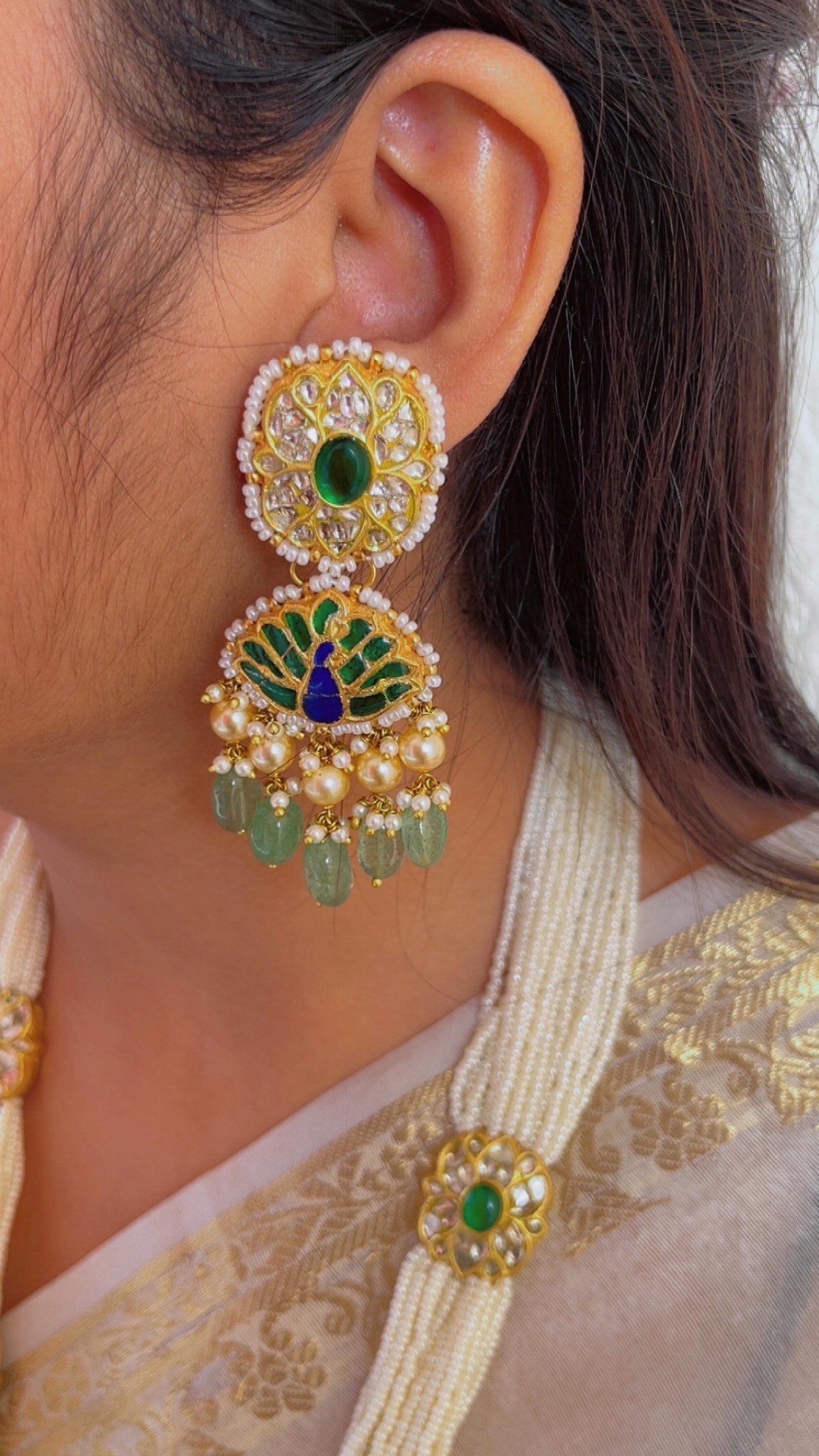 22K Gold Hallmarked Diamond Polki Green Necklace Jewelry