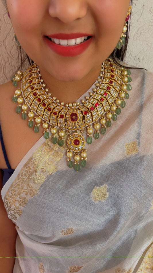 22K Gold Hallmarked Diamond Polki Red Necklace Jewelry