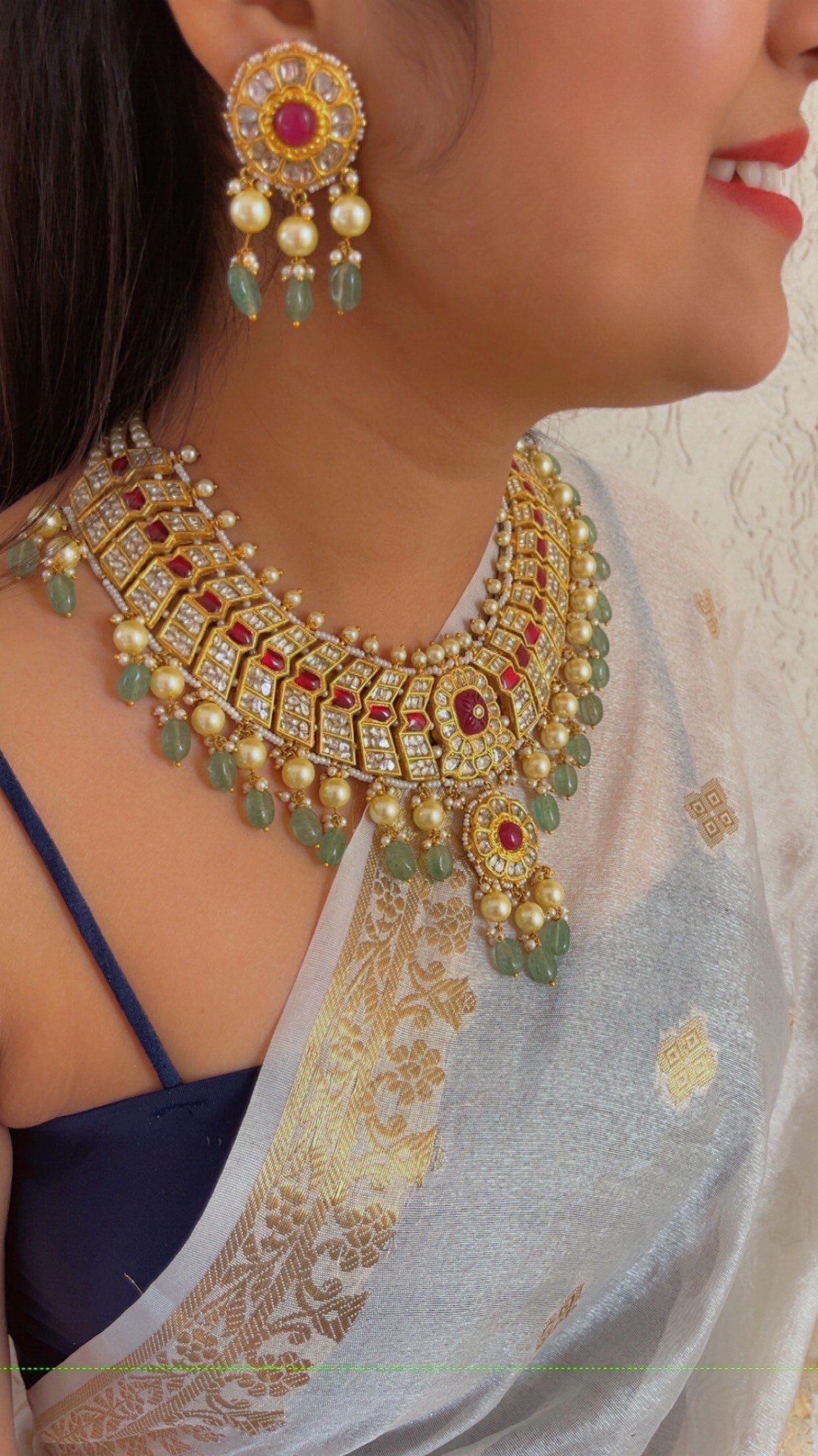 22K Gold Hallmarked Diamond Polki Red Necklace Jewelry