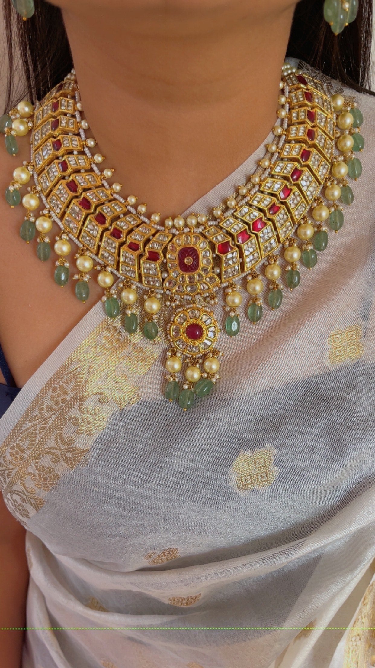 22K Gold Hallmarked Diamond Polki Red Necklace Jewelry