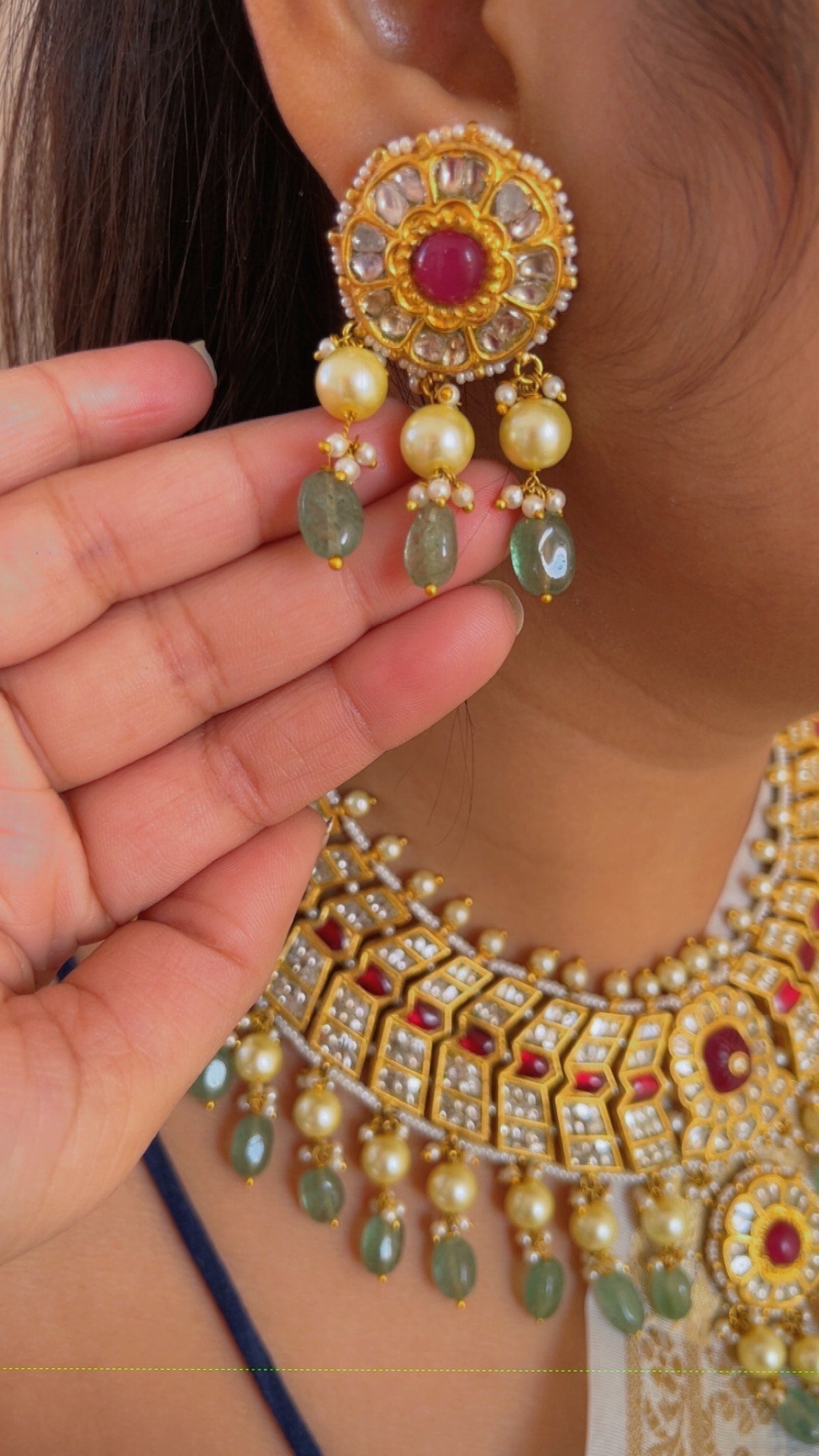 22K Gold Hallmarked Diamond Polki Red Necklace Jewelry