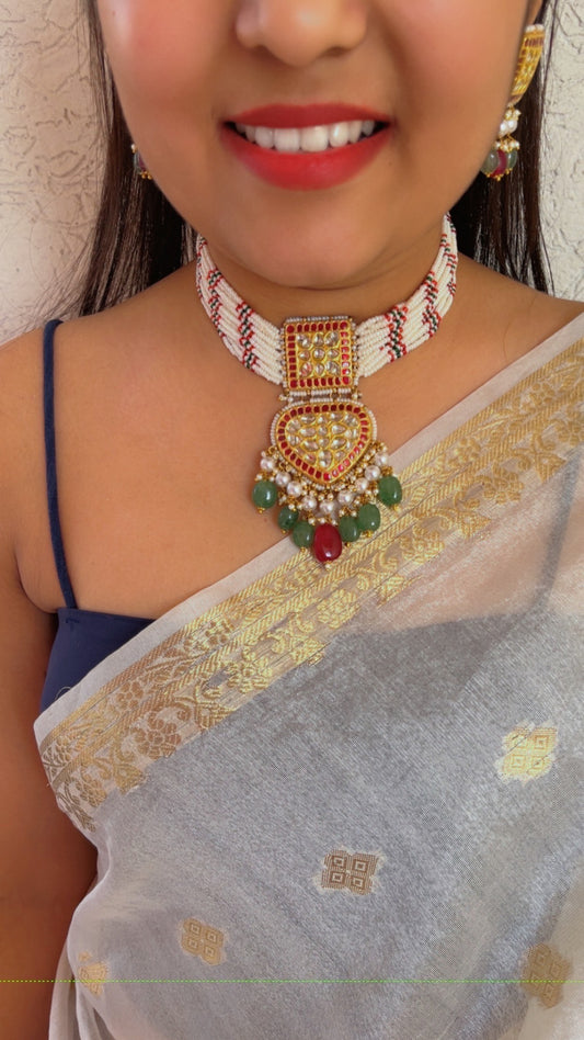 22K Gold Hallmarked Diamond Polki Green Necklace Jewelry